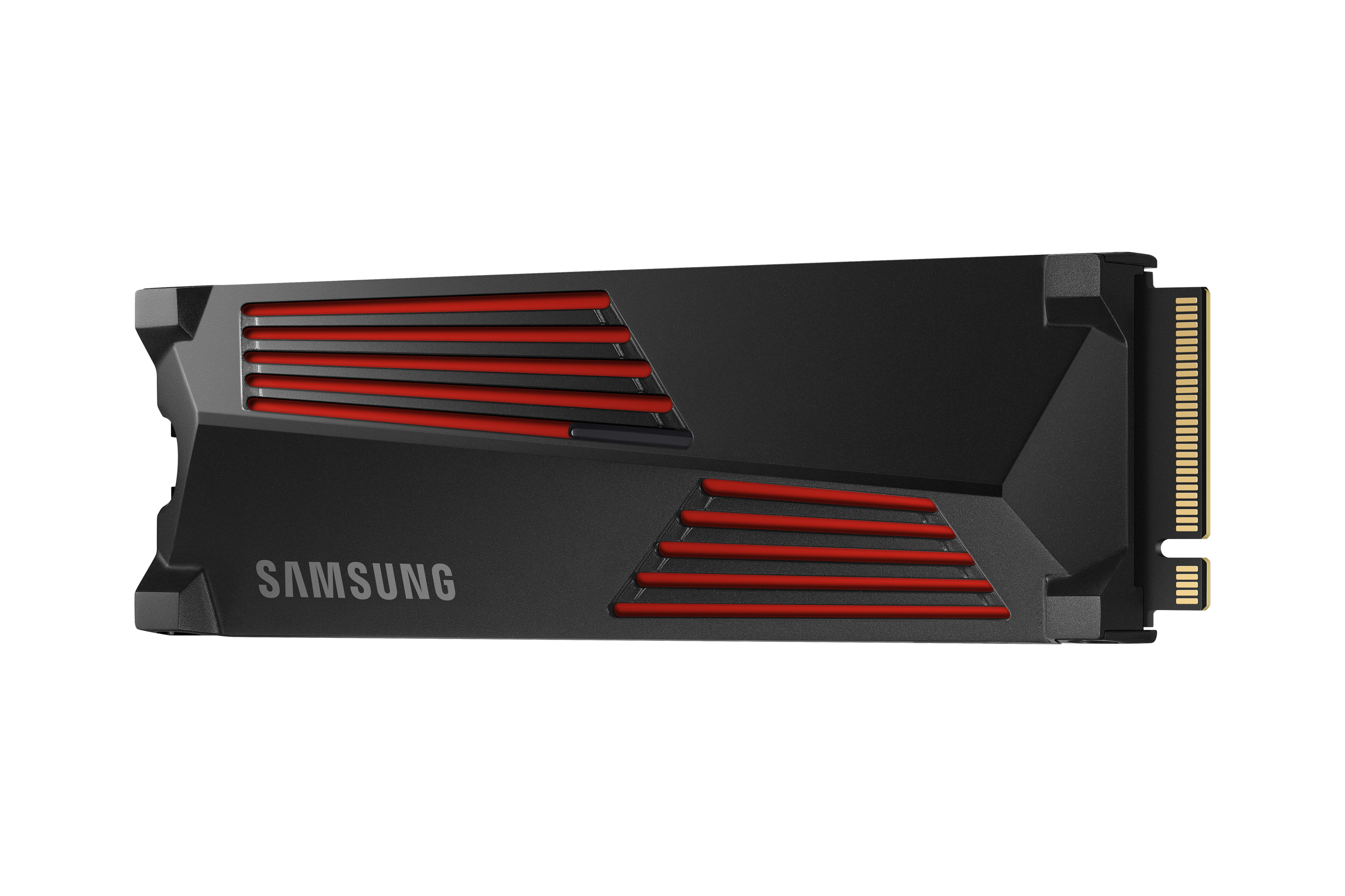 Czarny dysk SSD Samsung z czerwonymi otworami wentylacyjnymi i złotymi złączami.