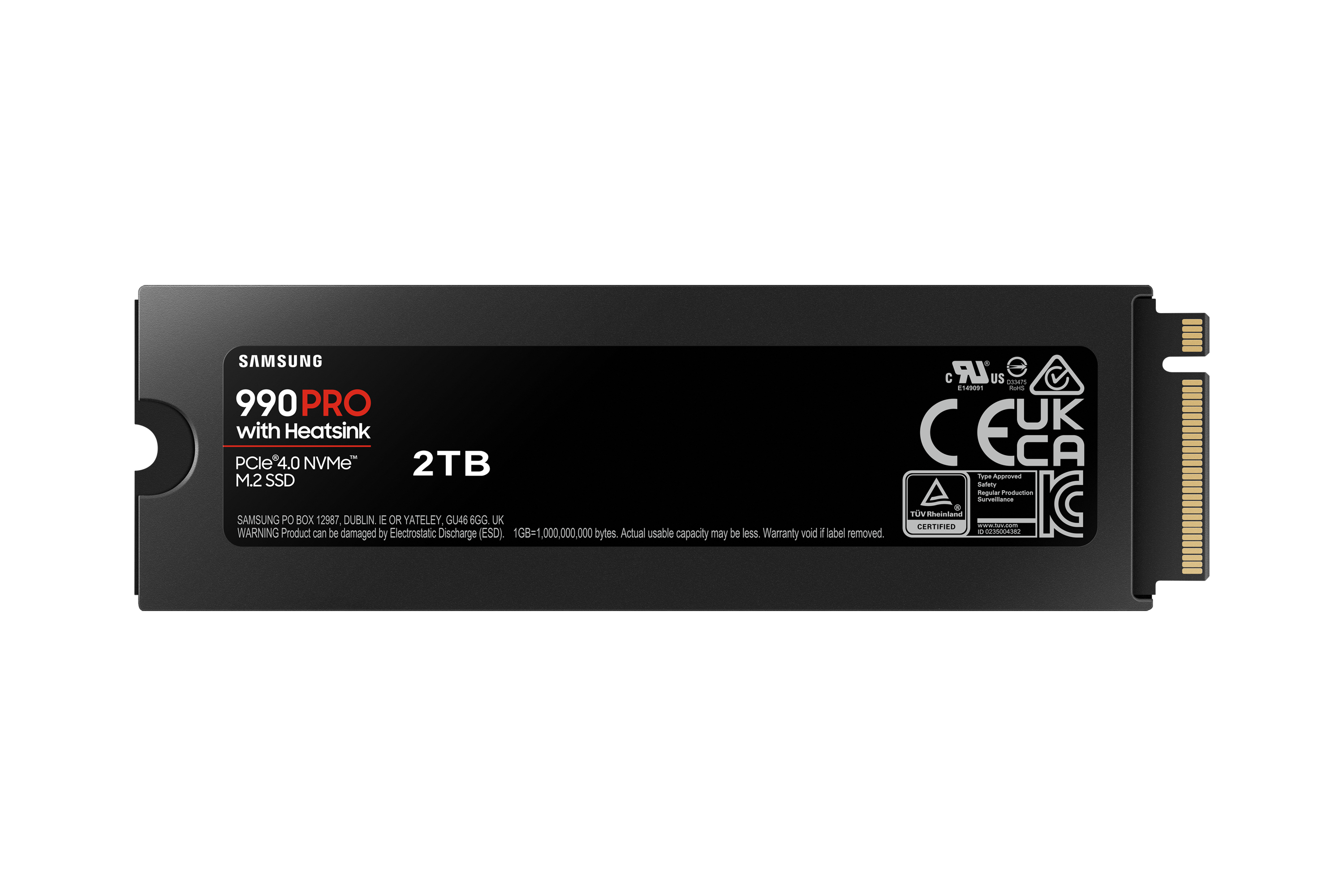 Dysk SSD M.2 Samsung 990 Pro 2TB z radiatorem, PCIe 4.0 NVMe, tył z certyfikatami.