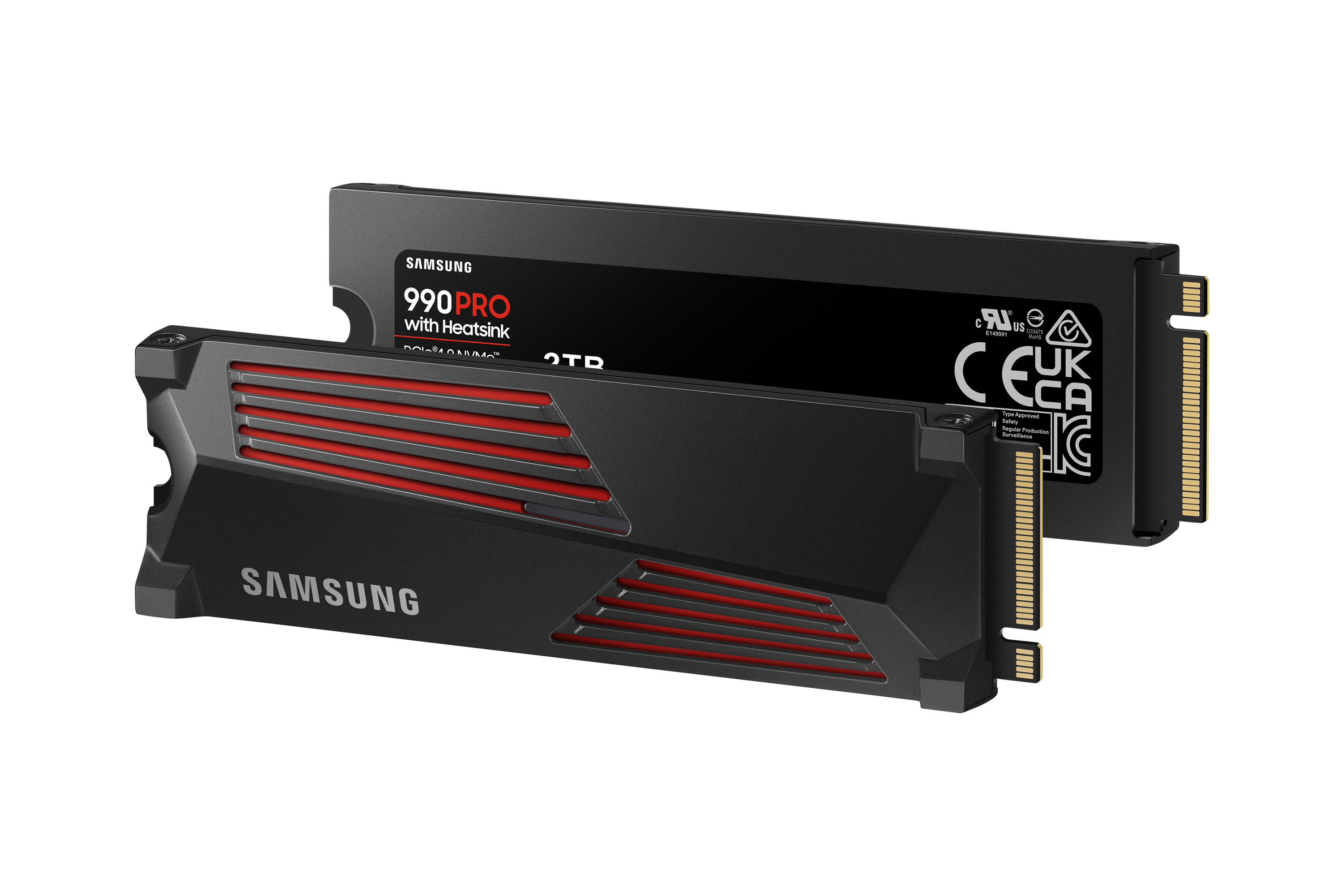 Dwa dyski SSD Samsung z radiatorami. Jeden z czerwonymi akcentami, drugi czarny.