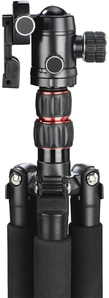 Kilitleme düğmeli ve yastıklı bacaklı siyah kamera tripod başlığı.