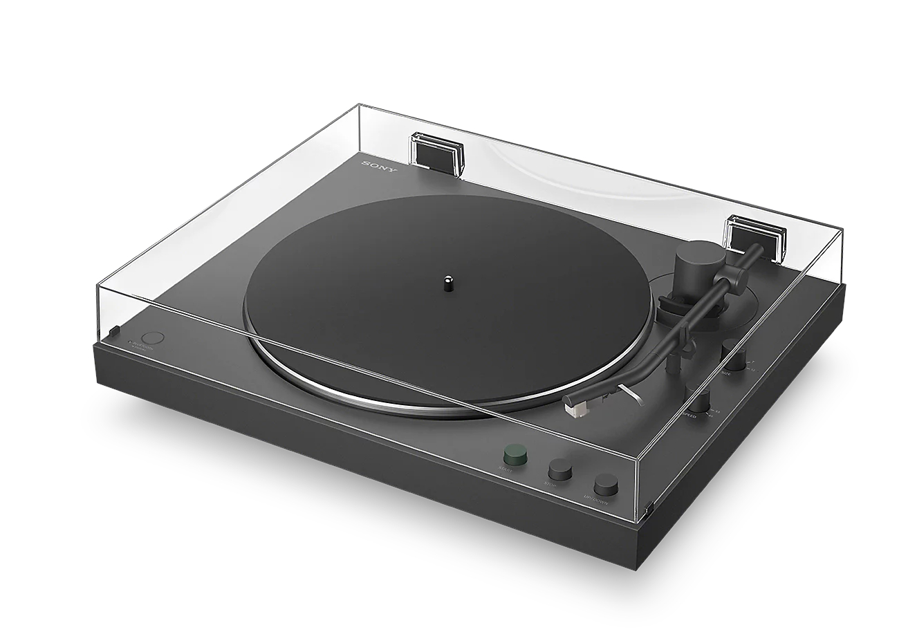 Czarny gramofon z przezroczystą pokrywą, ramieniem i przyciskami sterującymi.