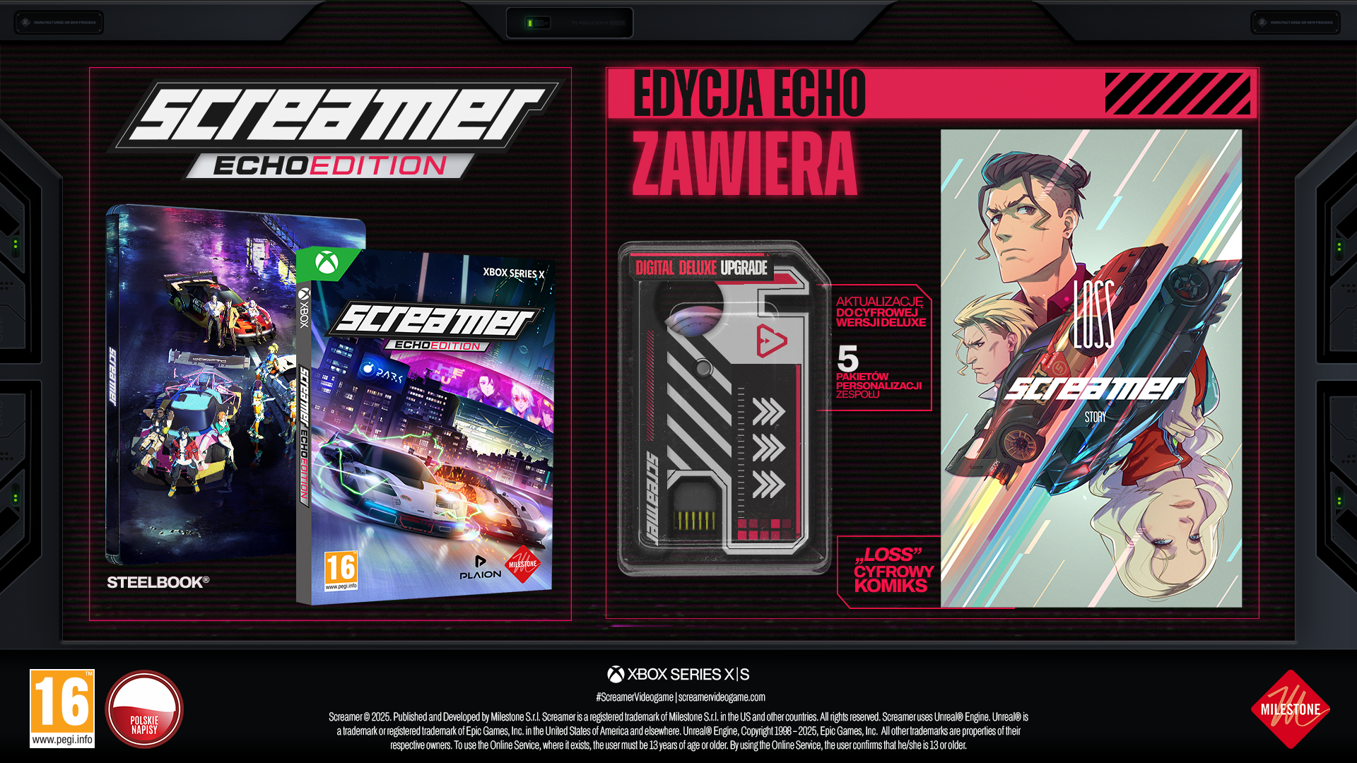 Gra Xbox "Screamer Echo Edition" w Steelbooku, z cyfrowym ulepszeniem i komiksem.
