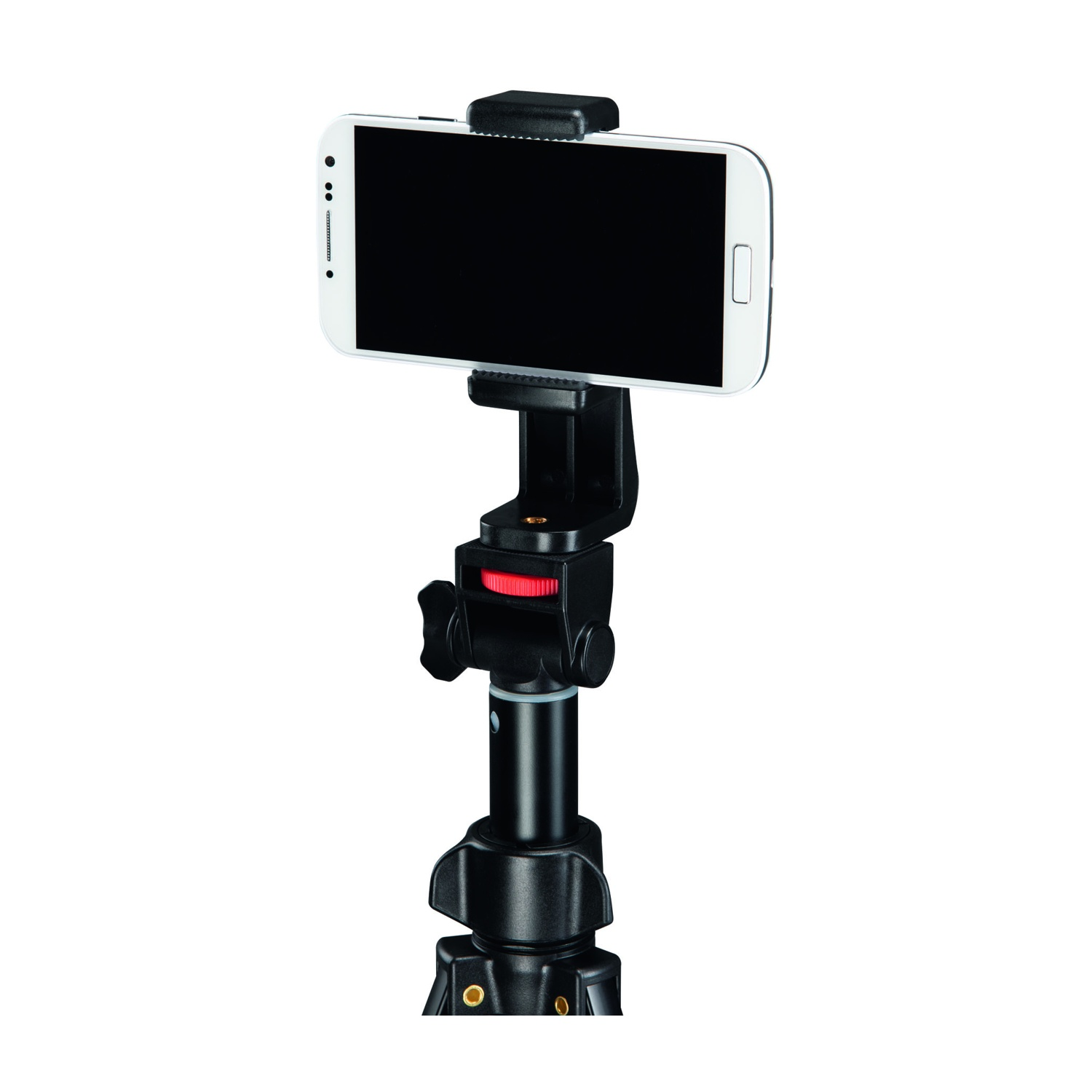 Uno smartphone bianco è montato su un treppiede per fotocamera nero.