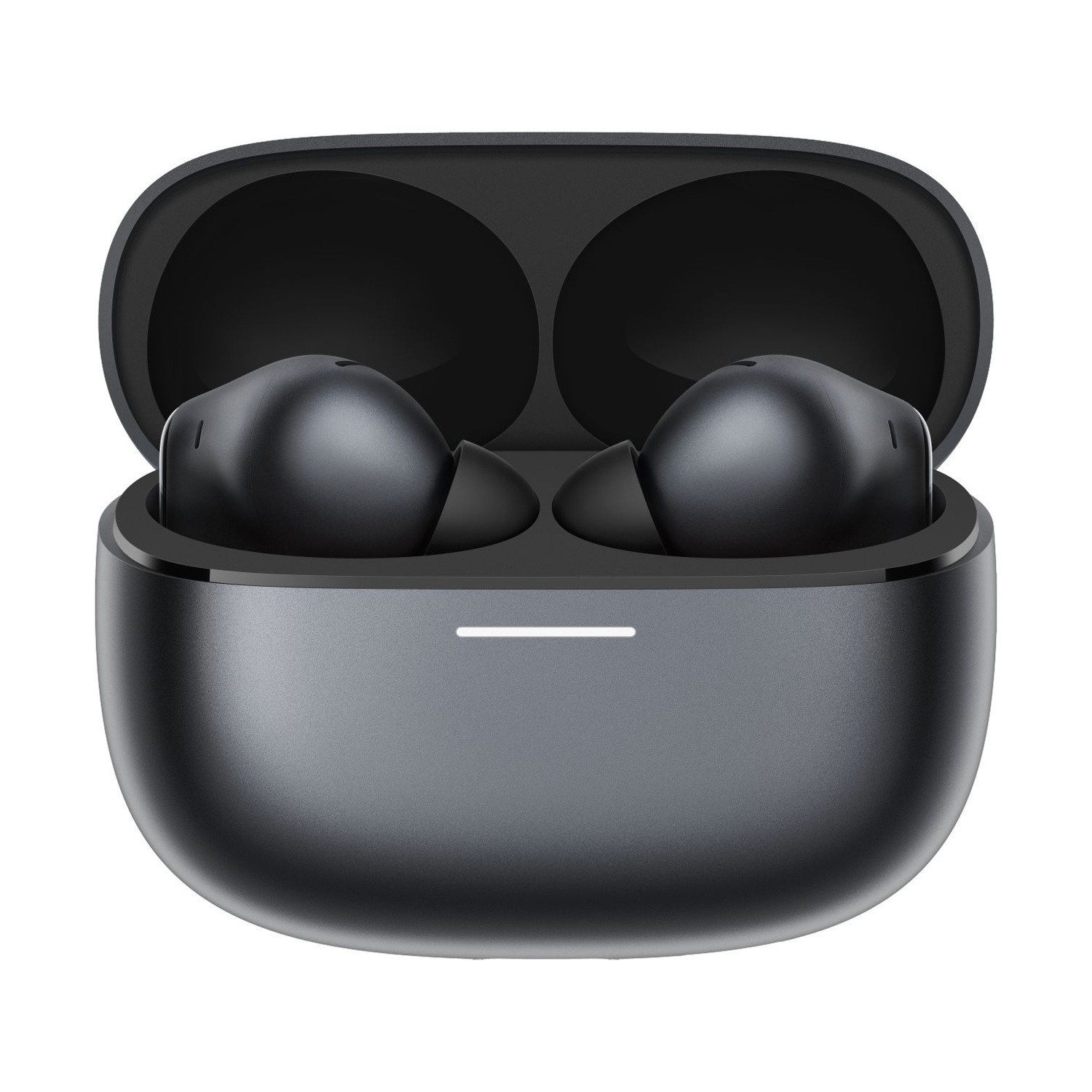 Auricolari wireless neri in una custodia di ricarica grigia aperta. Luce bianca.