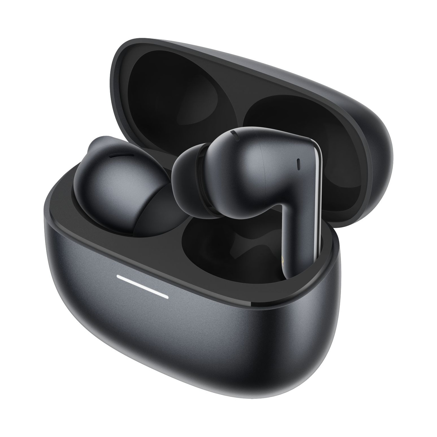 Auricolari wireless neri con custodia di ricarica su sfondo bianco.