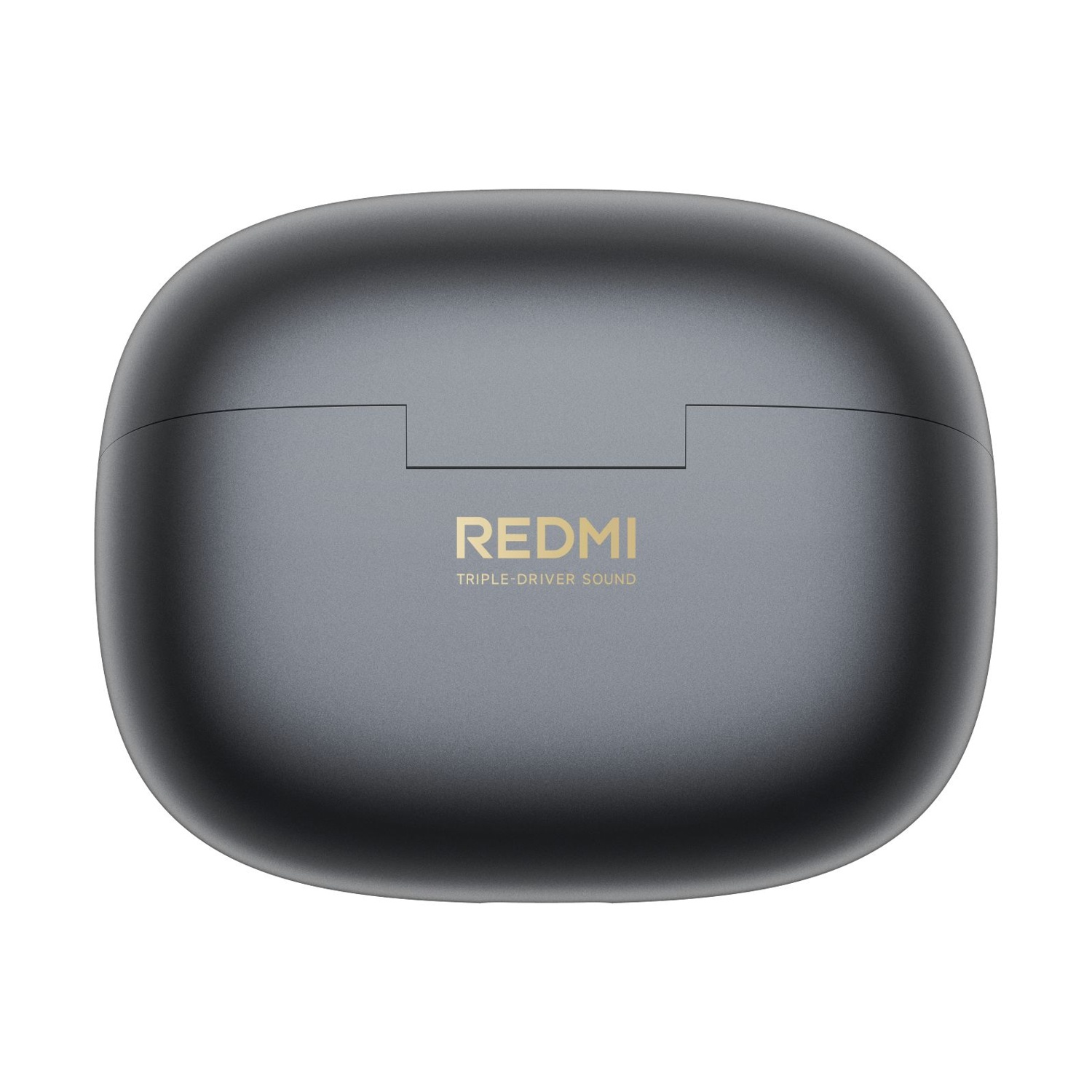 Custodia di ricarica grigia per auricolari con logo e testo Redmi dorati.