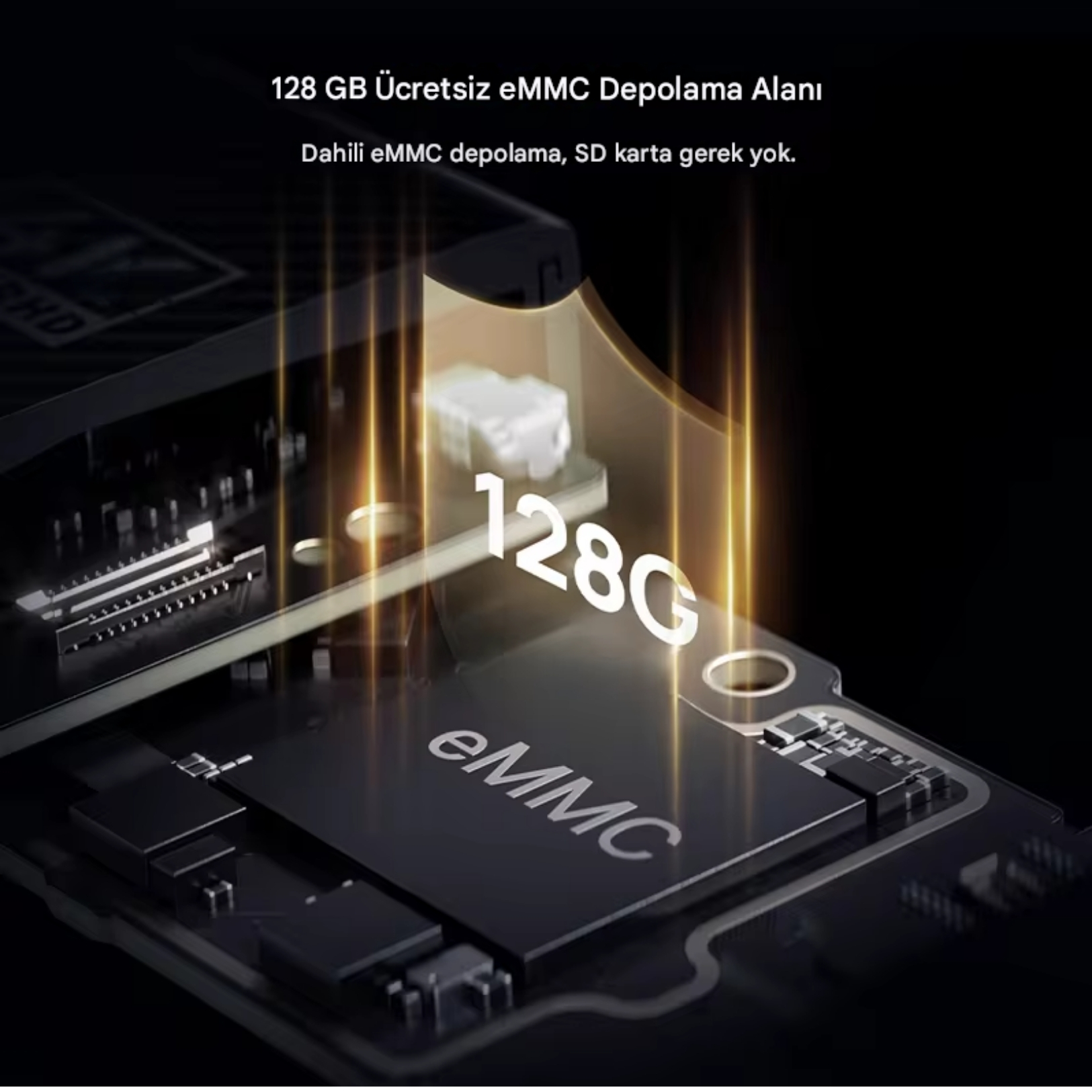 128 GB eMMC depolama çipinin parlak ışık efektleriyle yakın çekimi.