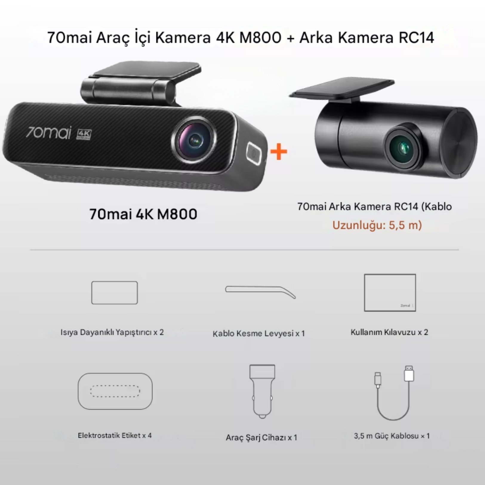 70mai 4K M800 araç kamerası ve RC14 arka kamera aksesuarları.