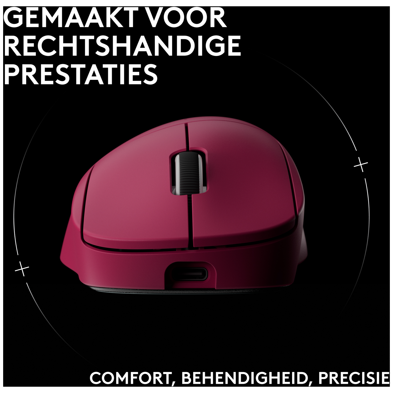 A magenta computer mouse with a scroll wheel and a USB-C port.