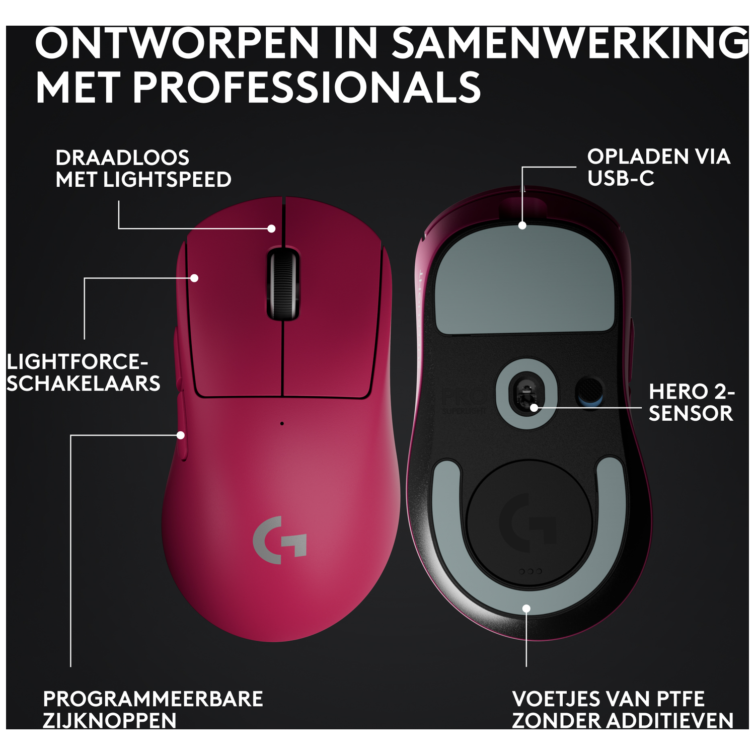 A pink mouse with labels: wireless, USB-C, Lightforce switches, HERO 2 sensor.