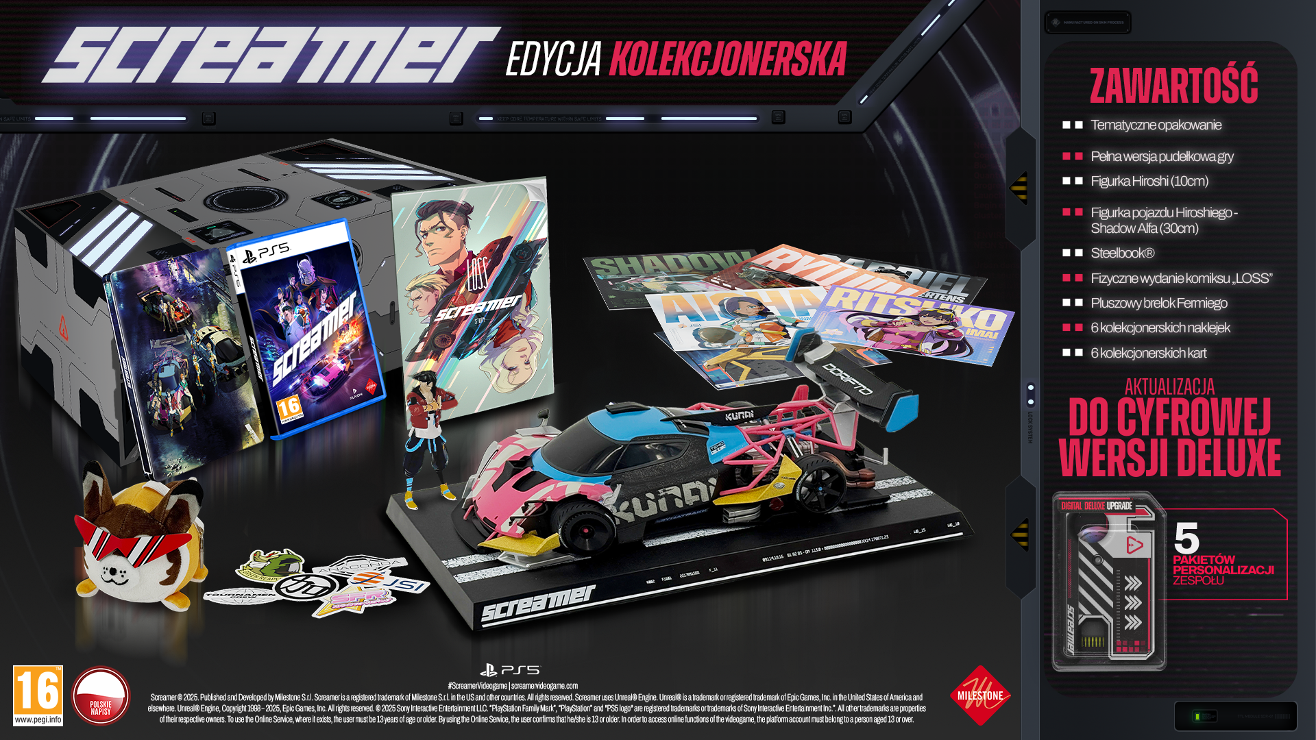 Edycja kolekcjonerska: pudełko, model auta, gra, figurka, komiks i naklejki.