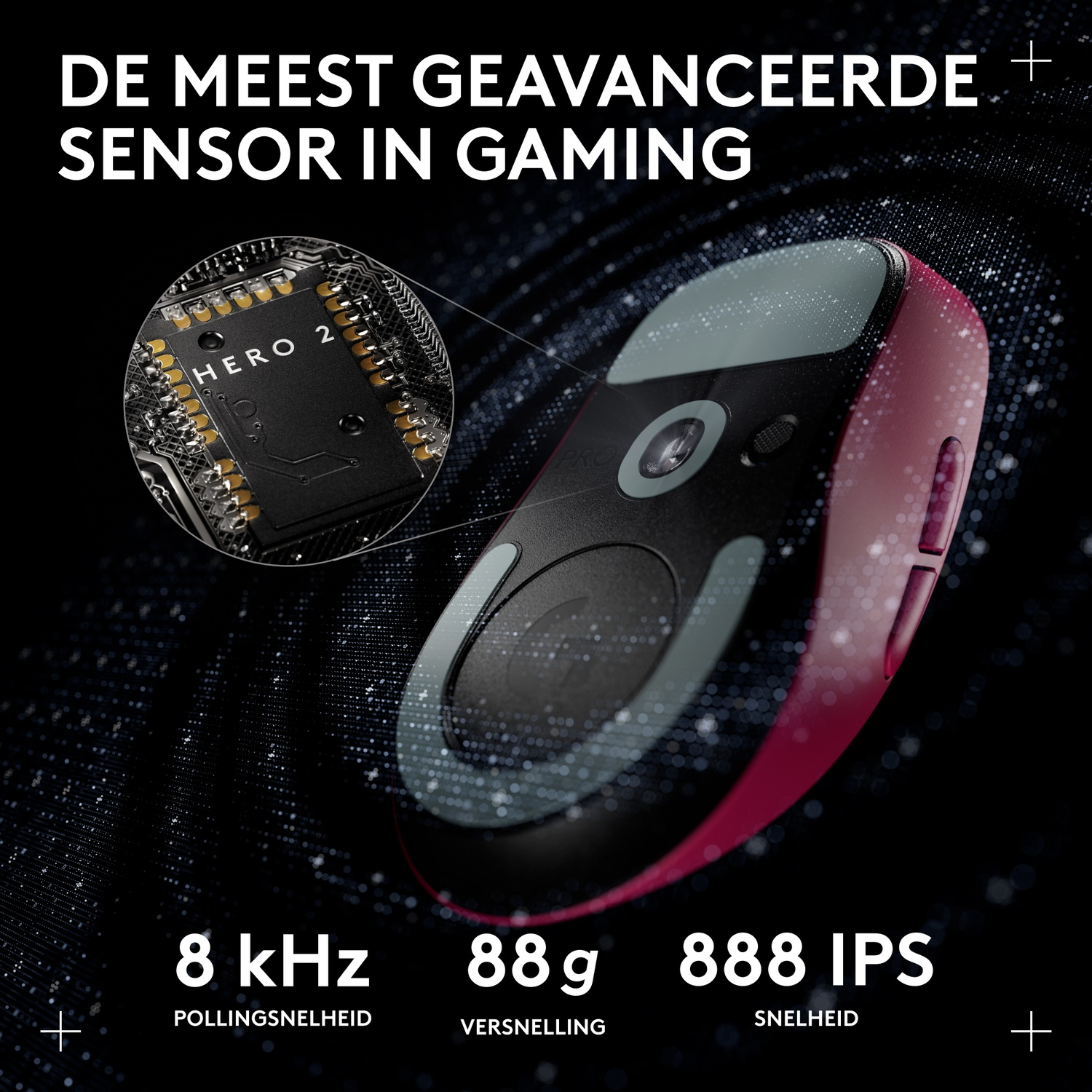 Gaming mouse with HERO 2 sensor, 8 kHz, 88g, and 888 IPS.