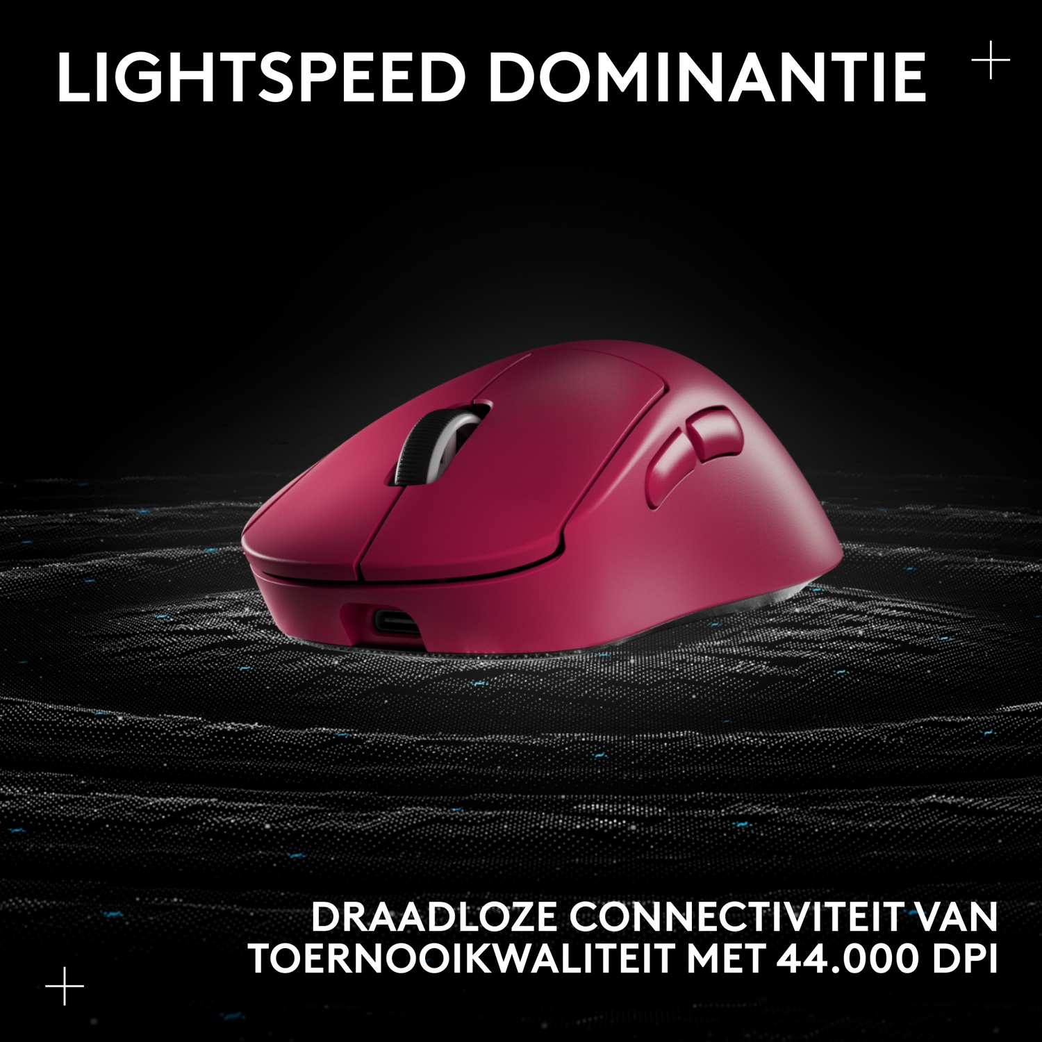 A red wireless gaming mouse on a black background with a wave pattern.