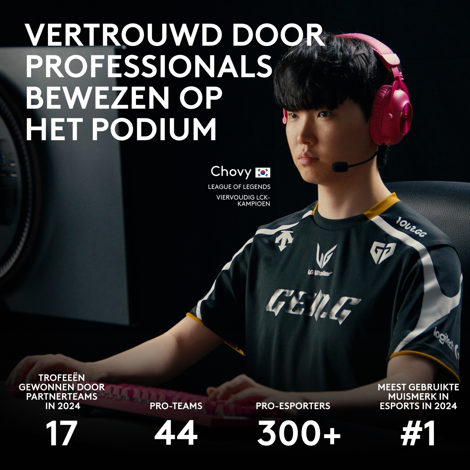 An esports player wearing headphones, with stats on wins and gear. Korean flag shown.