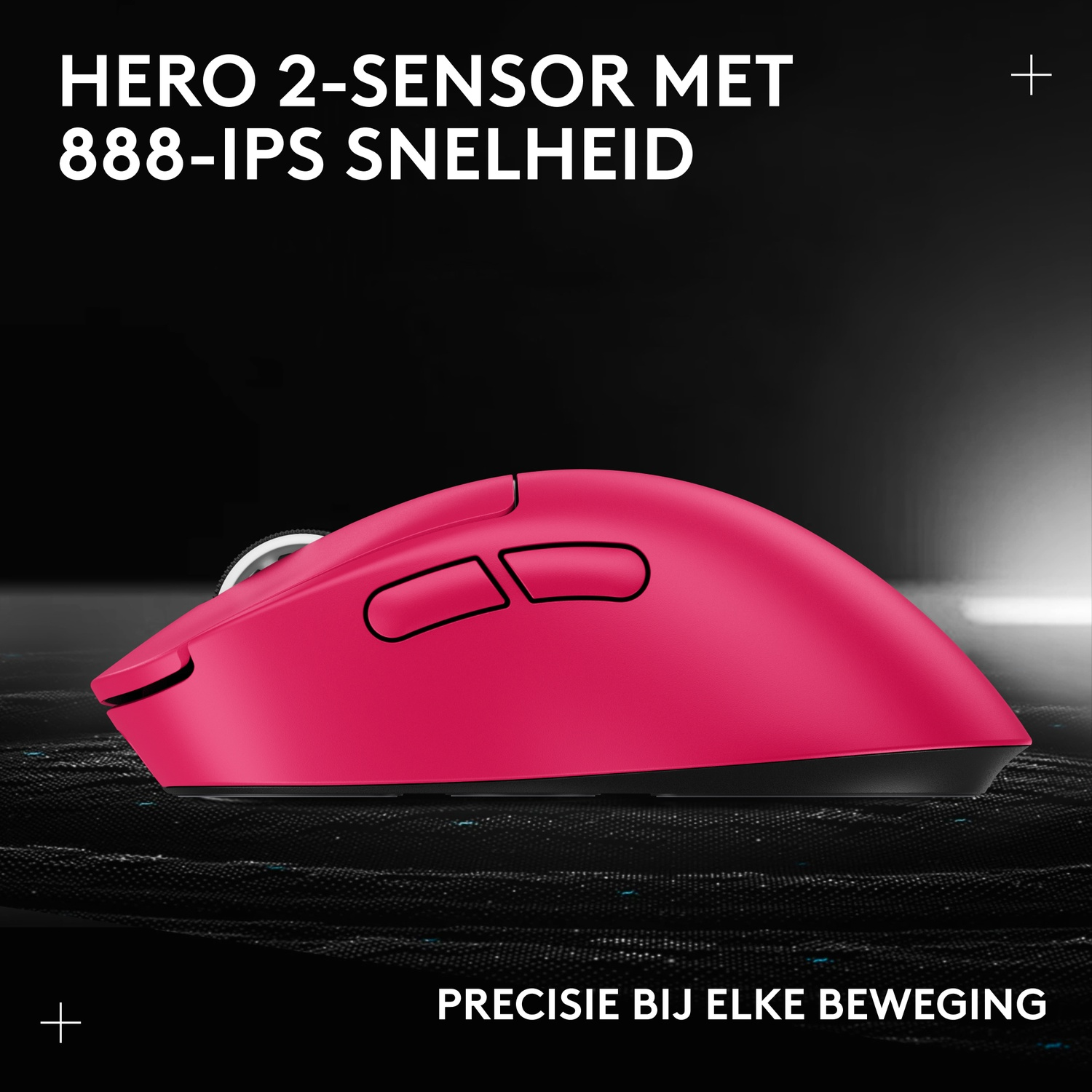 A pink gaming mouse close-up with text about its speed.