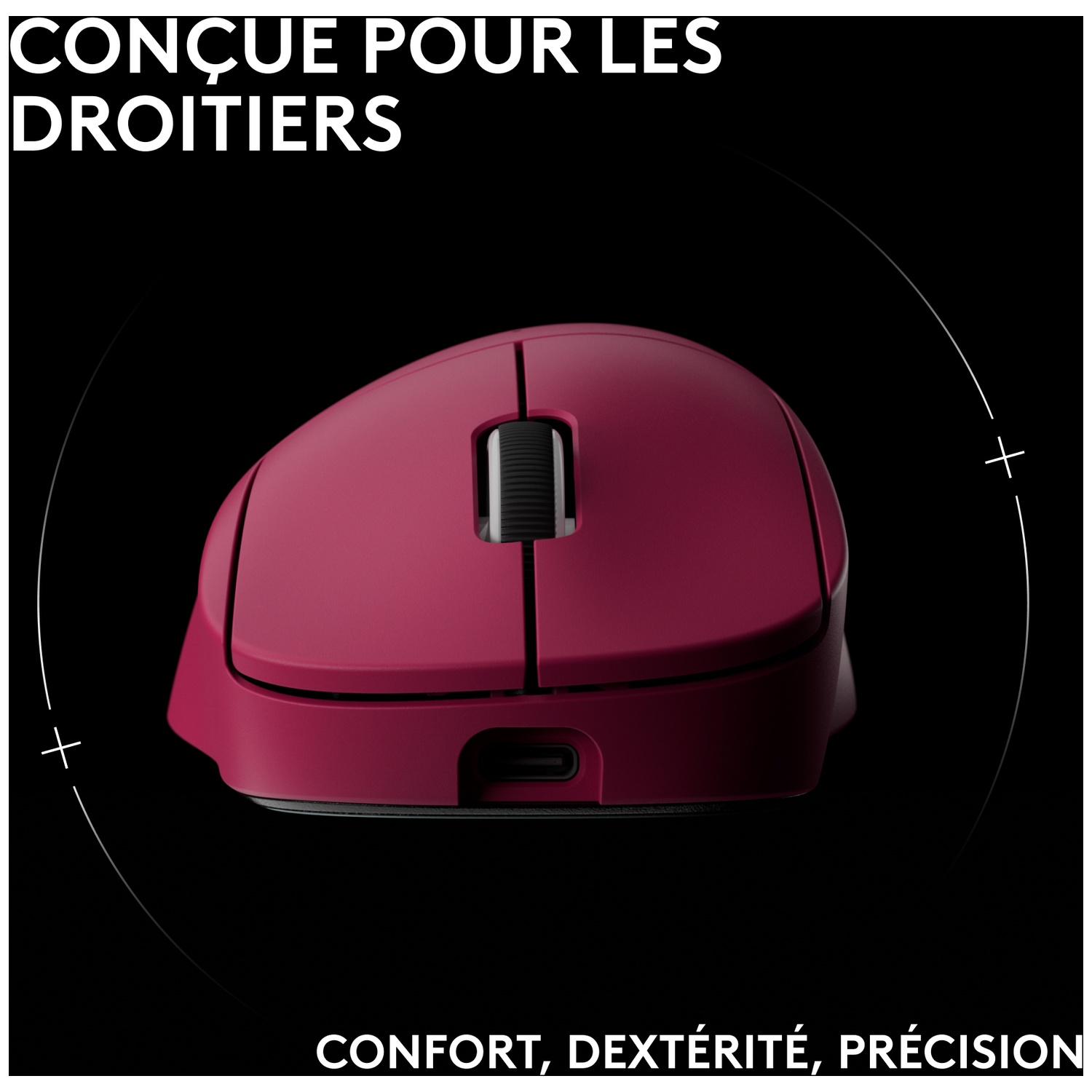 Une souris d'ordinateur rose avec molette et port USB-C sur fond noir.