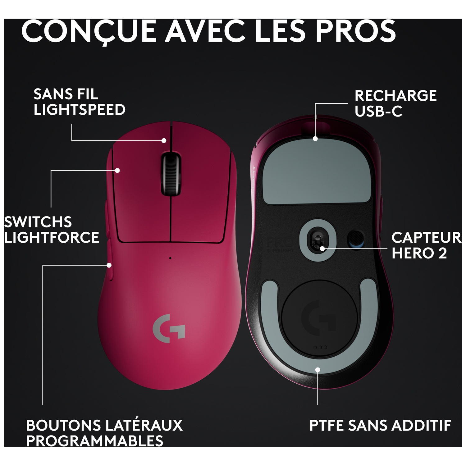 Une souris sans fil rose avec USB-C, capteur Hero 2 et pieds PTFE.
