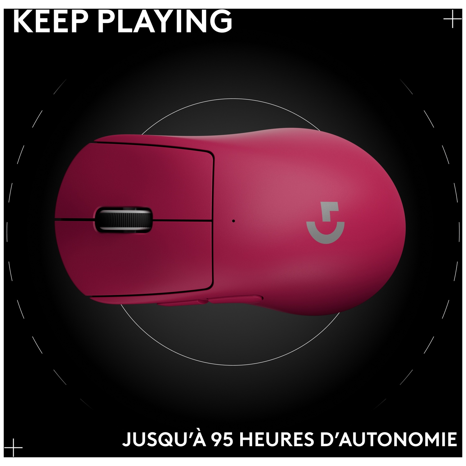 Une souris gaming Logitech rose avec une molette argentée.
