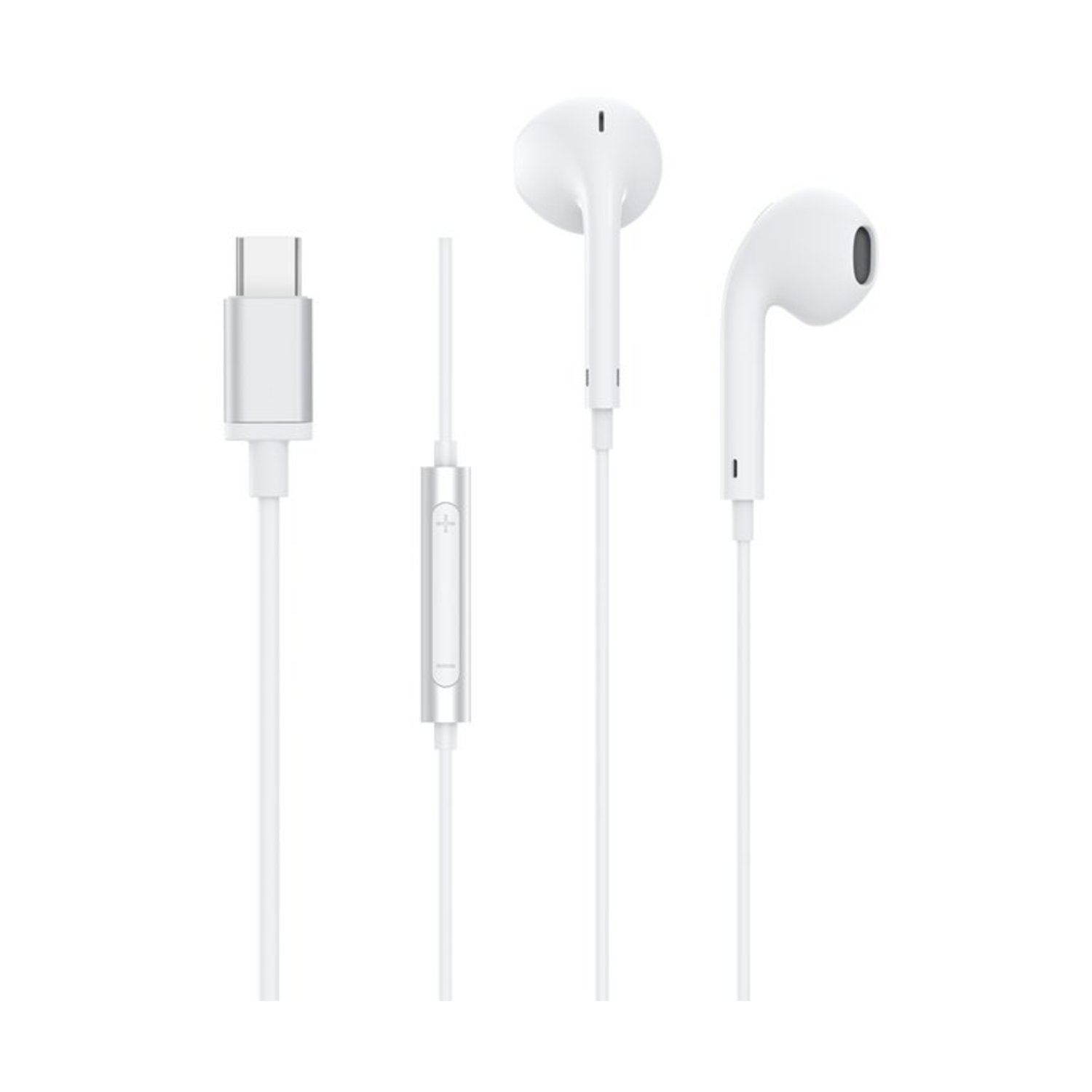 Auricolari bianchi con connettore USB-C e microfono in linea.