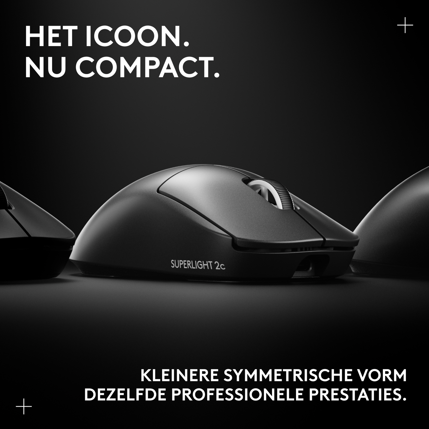 Three black computer mice on a dark background. "The icon. Now compact."