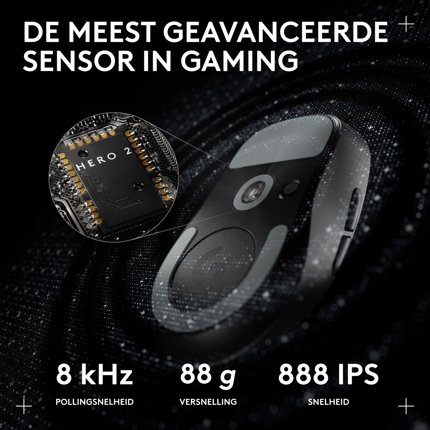 Gaming mouse with "HERO 2" sensor, 8 kHz, 88g, 888 IPS on a black background.