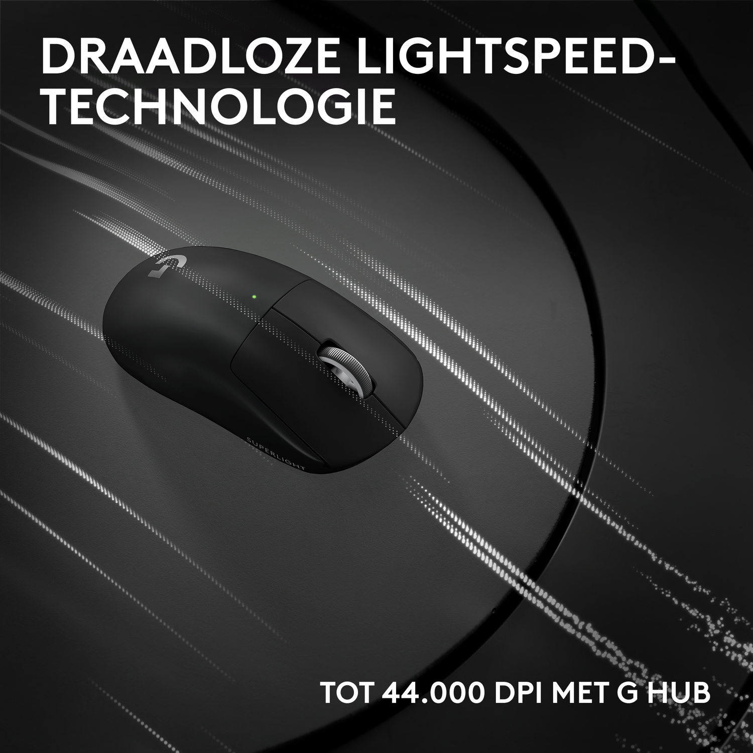 Black wireless Logitech G mouse on a dark surface with light streaks.