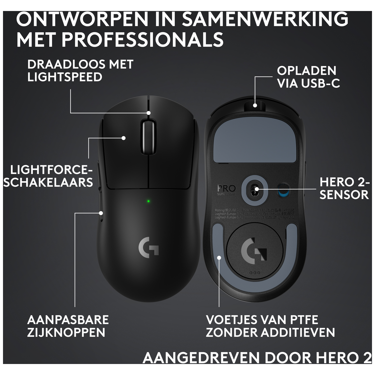 Black Logitech mouse with USB-C charging, Lightspeed technology, and HERO 2 sensor.