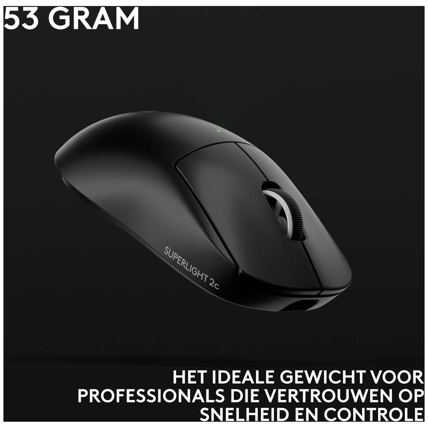 Black wireless gaming mouse with text "53 gram" and "Superlight 2c".