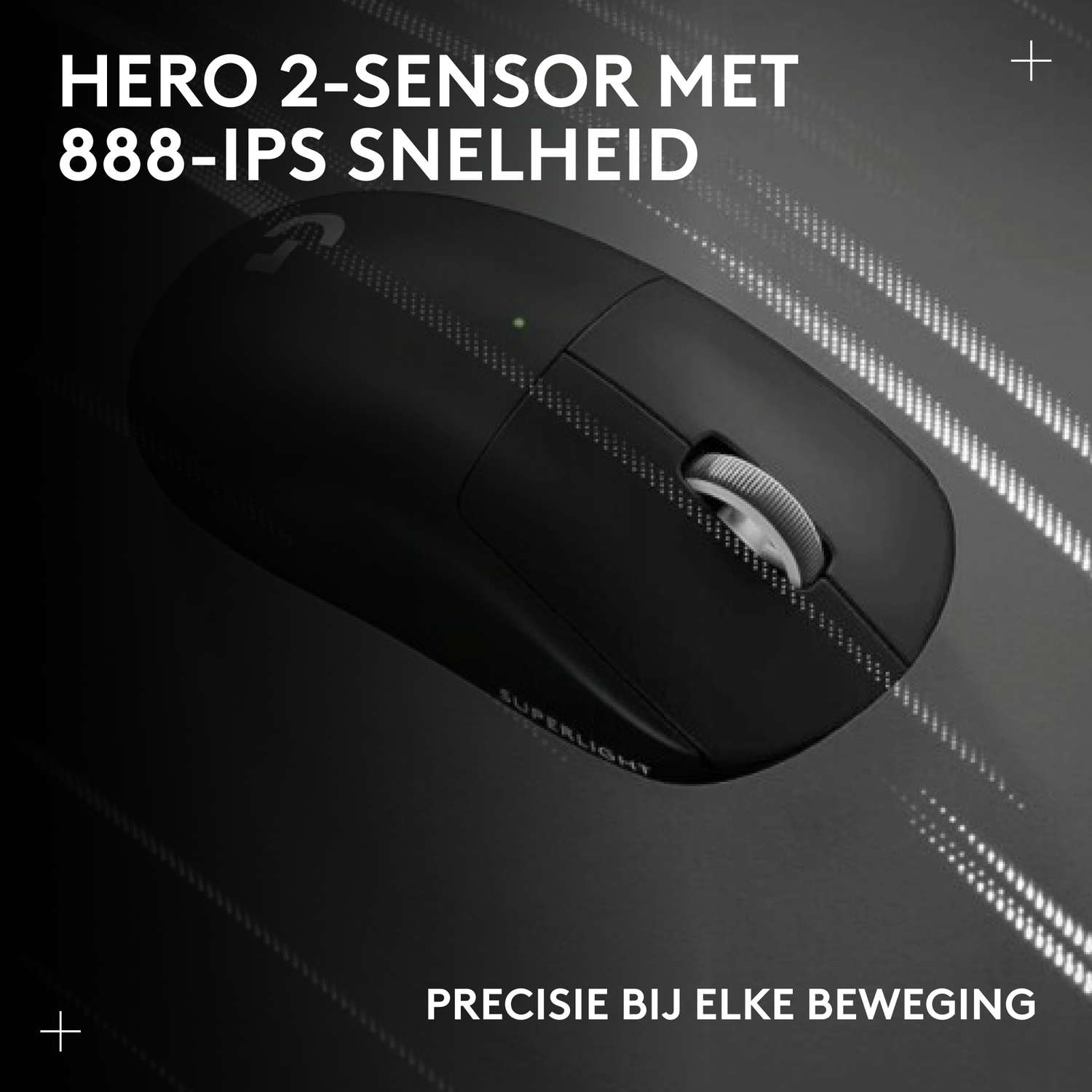 Black wireless gaming mouse with HERO 2 sensor and "Superlight" text.