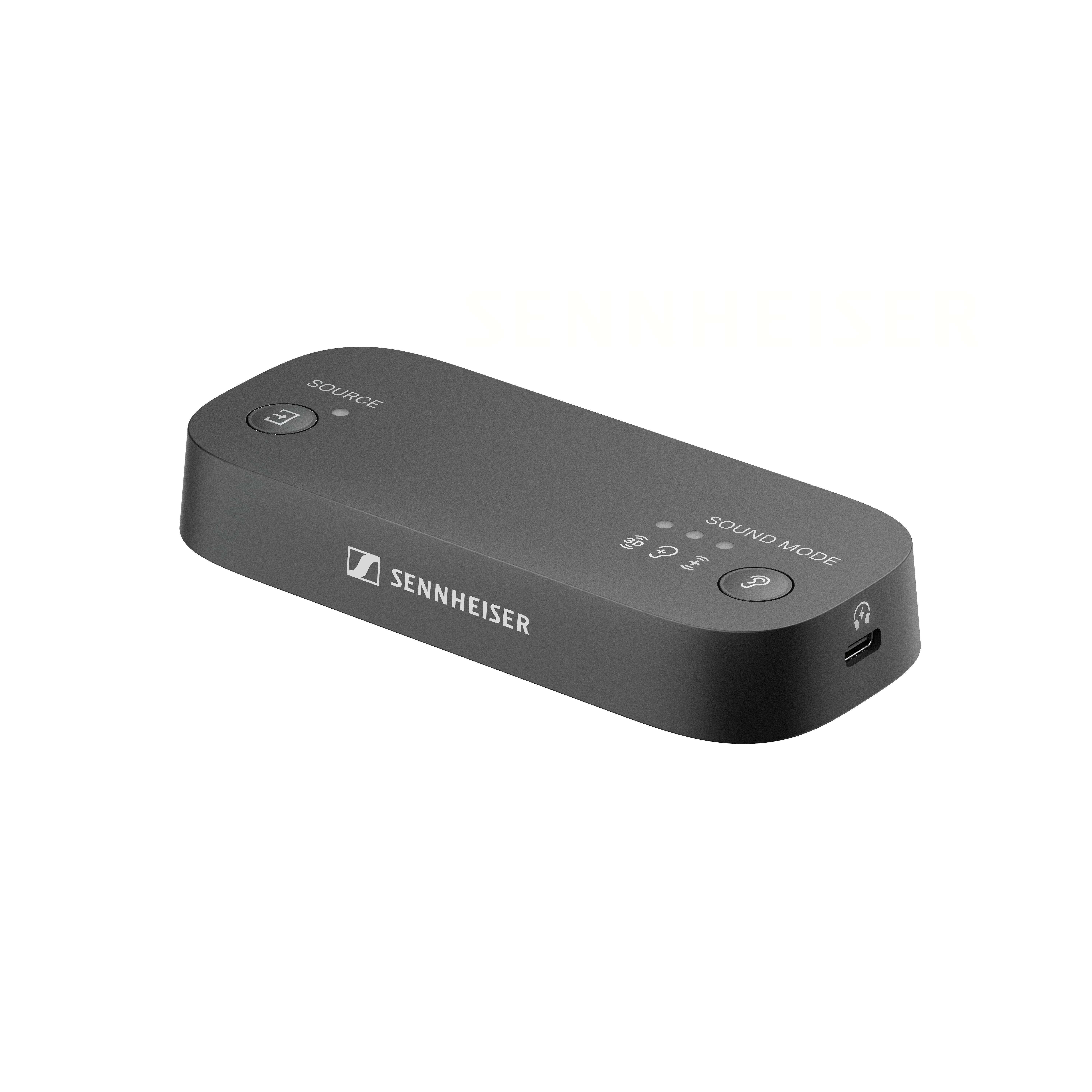 Schwarzes Sennheiser-Gerät mit Beschriftungen und Tasten.