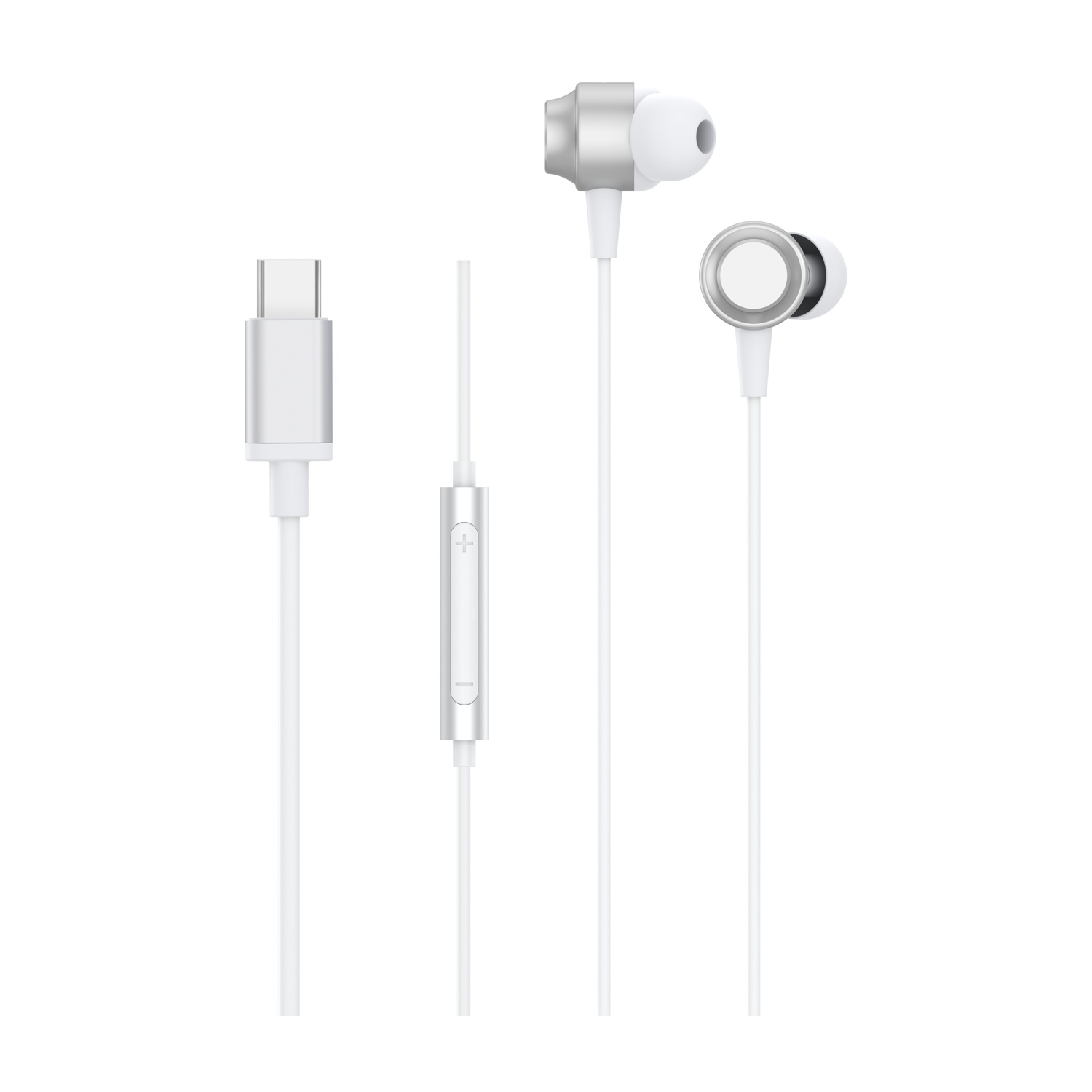 Auricolari bianchi con accenti argentati e connettore USB-C.