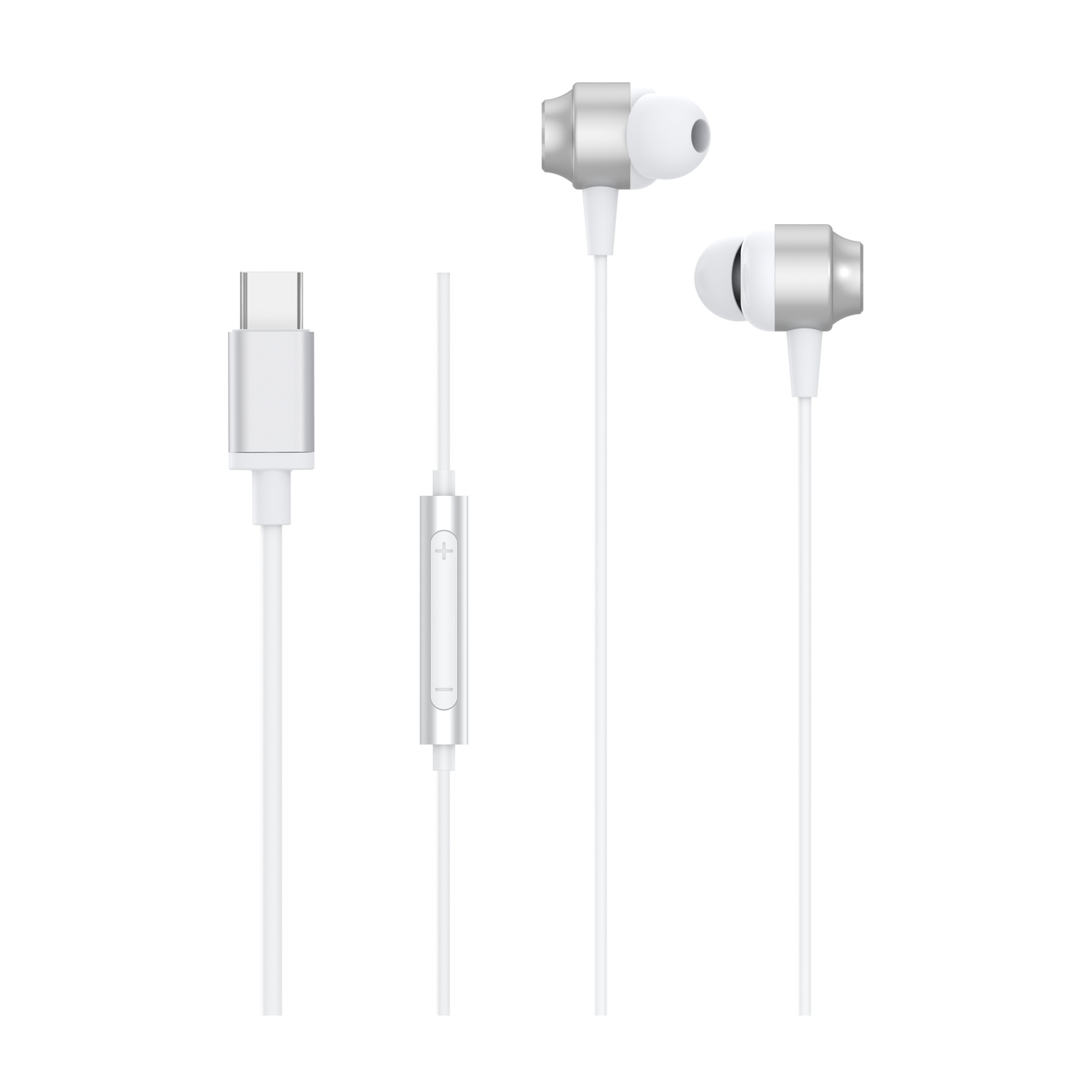 Auricolari bianchi con connettore USB-C e accenti argentati.