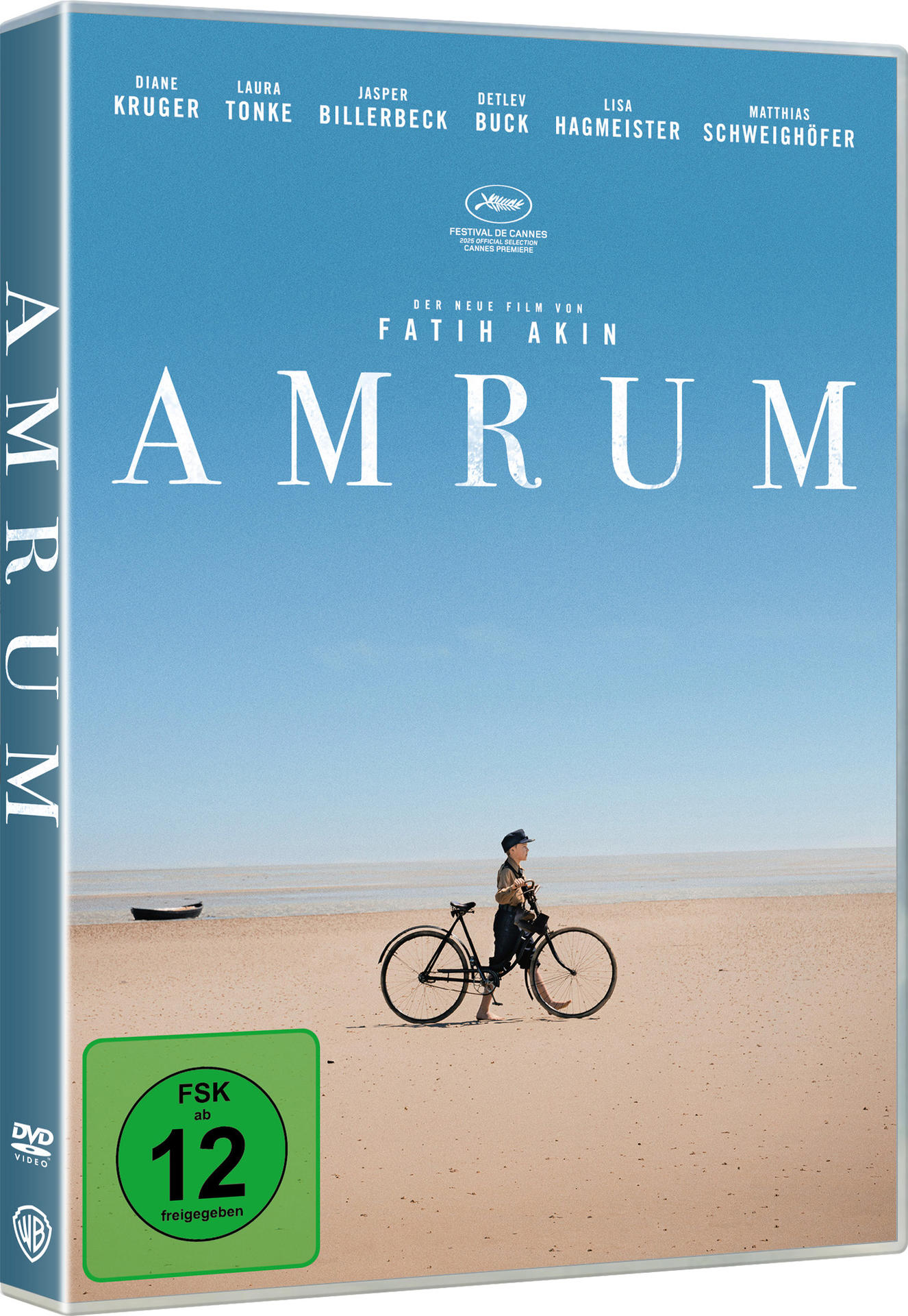 Ein Junge mit Fahrrad am Strand vor dem Meer, mit Filmtitel und Namen.