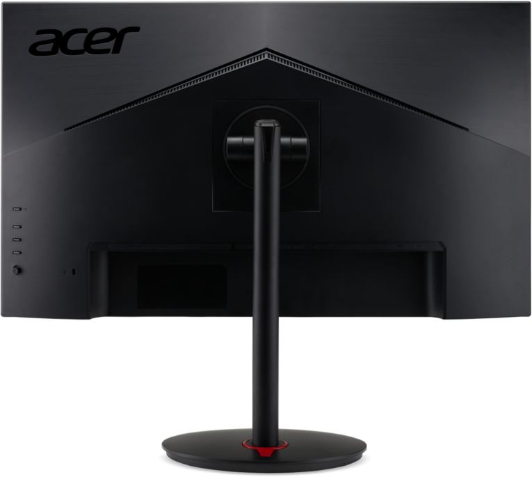 Fekete Acer monitor hátulnézete, ezüst logóval és fekete állvánnyal.