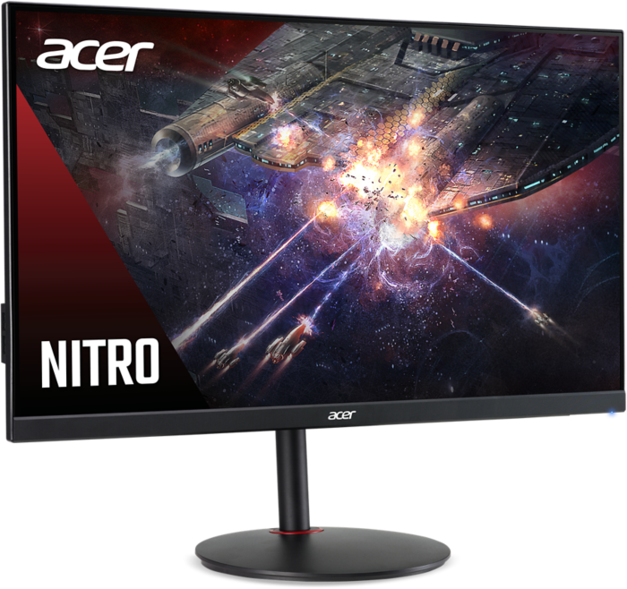 Egy Acer Nitro gamer monitor epikus űrcsatát mutat hajókkal és robbanásokkal.