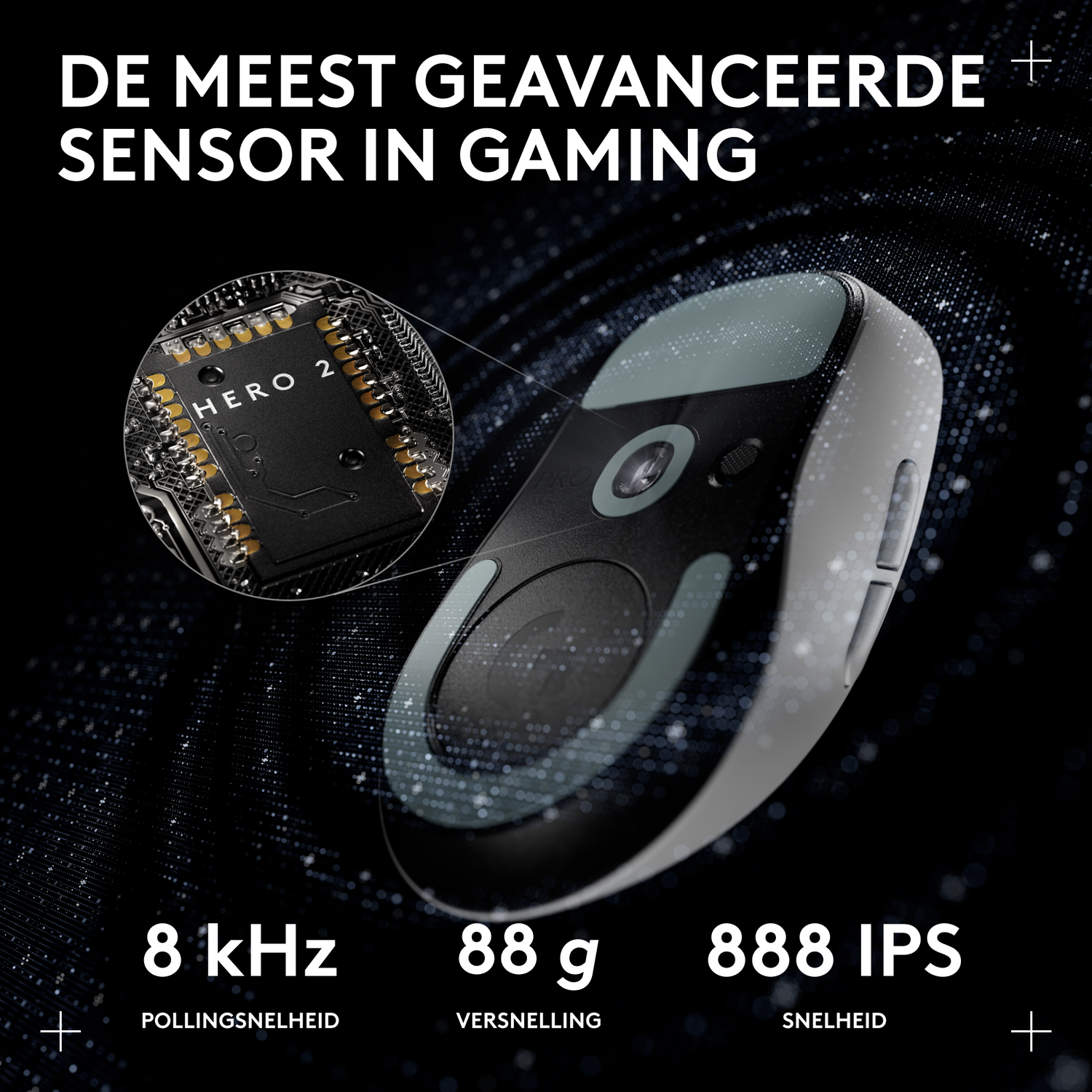 Gaming muis met "HERO 2" sensor, 8kHz, 88g, 888IPS. Close-up van de printplaat.