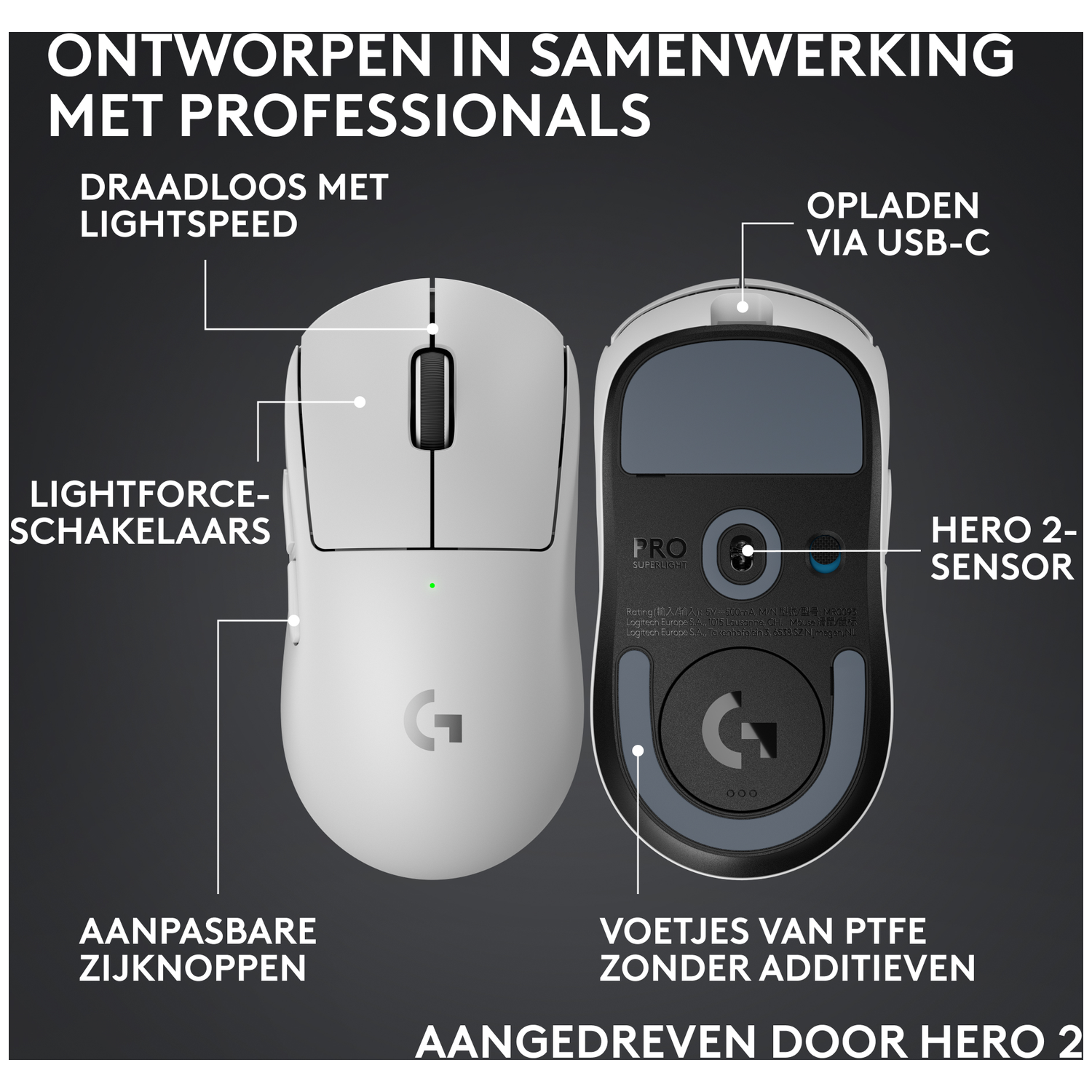 Witte gamingmuis met USB-C oplaadpoort en "HERO 2"-sensor.