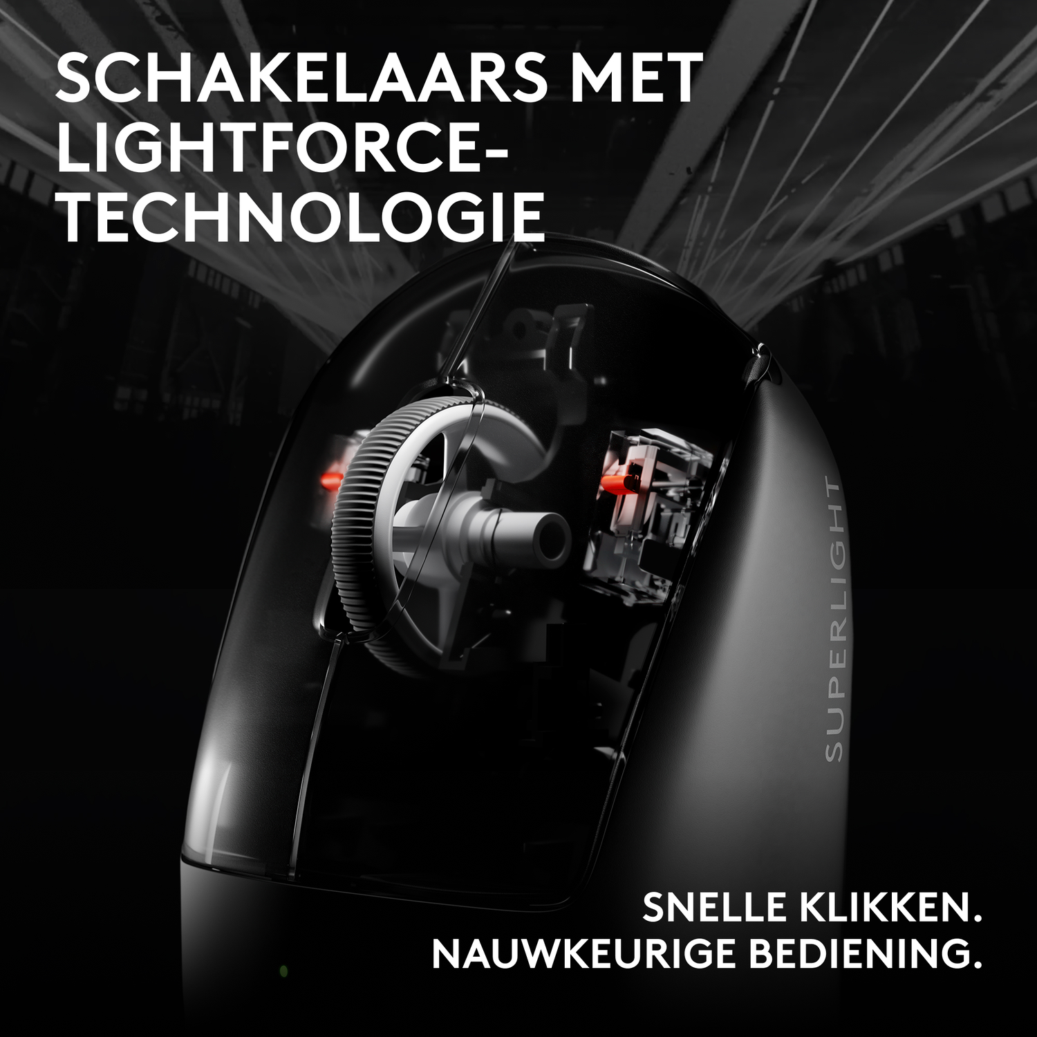 Zwart-grijze afbeelding van een muismechanisme met Lightforce-technologie.
