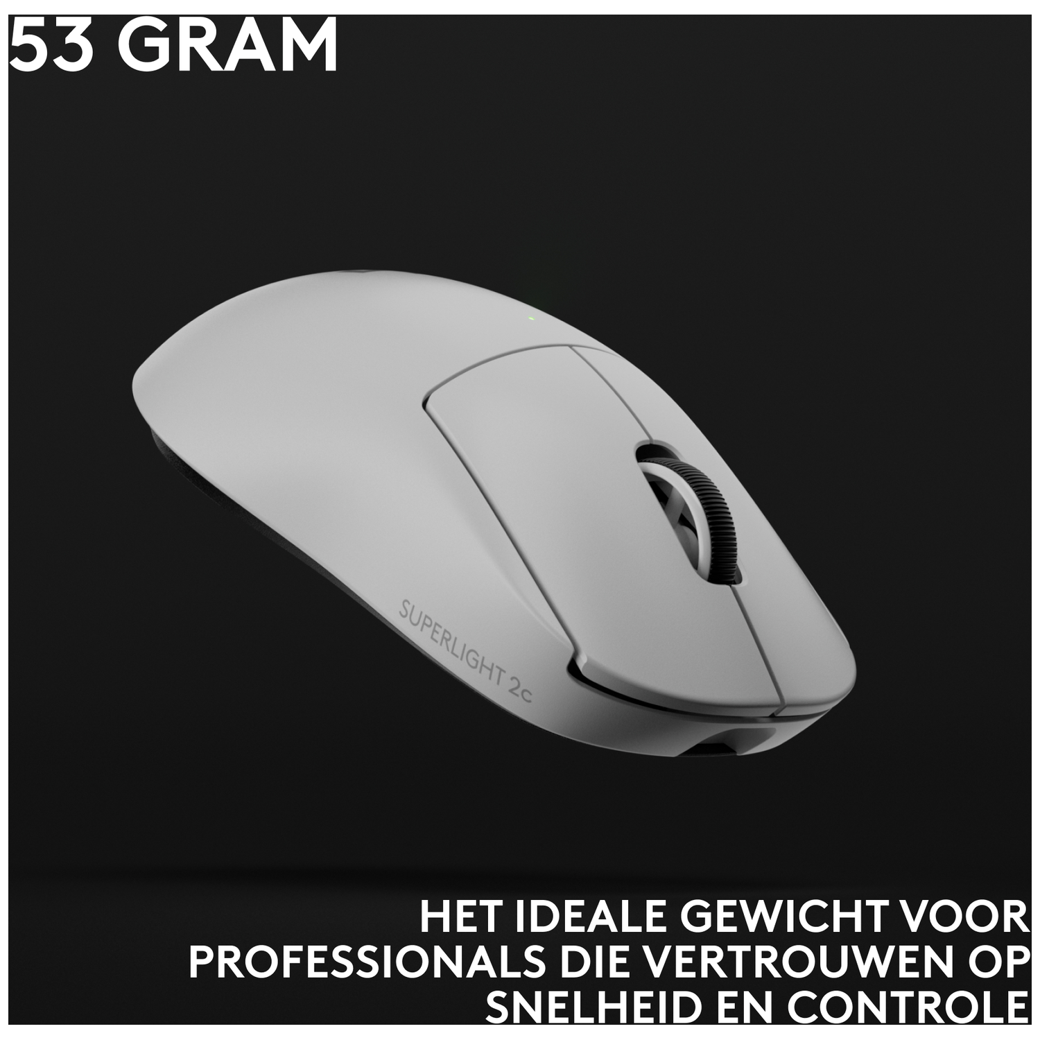 Een witte draadloze gamingmuis met tekst „53 GRAM”.