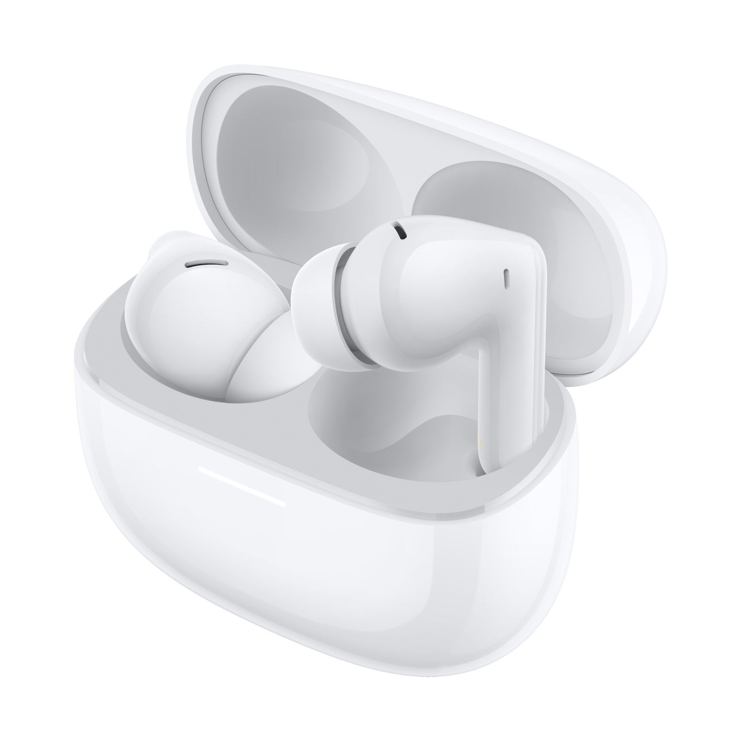 Un paio di auricolari wireless bianchi in una custodia di ricarica aperta.