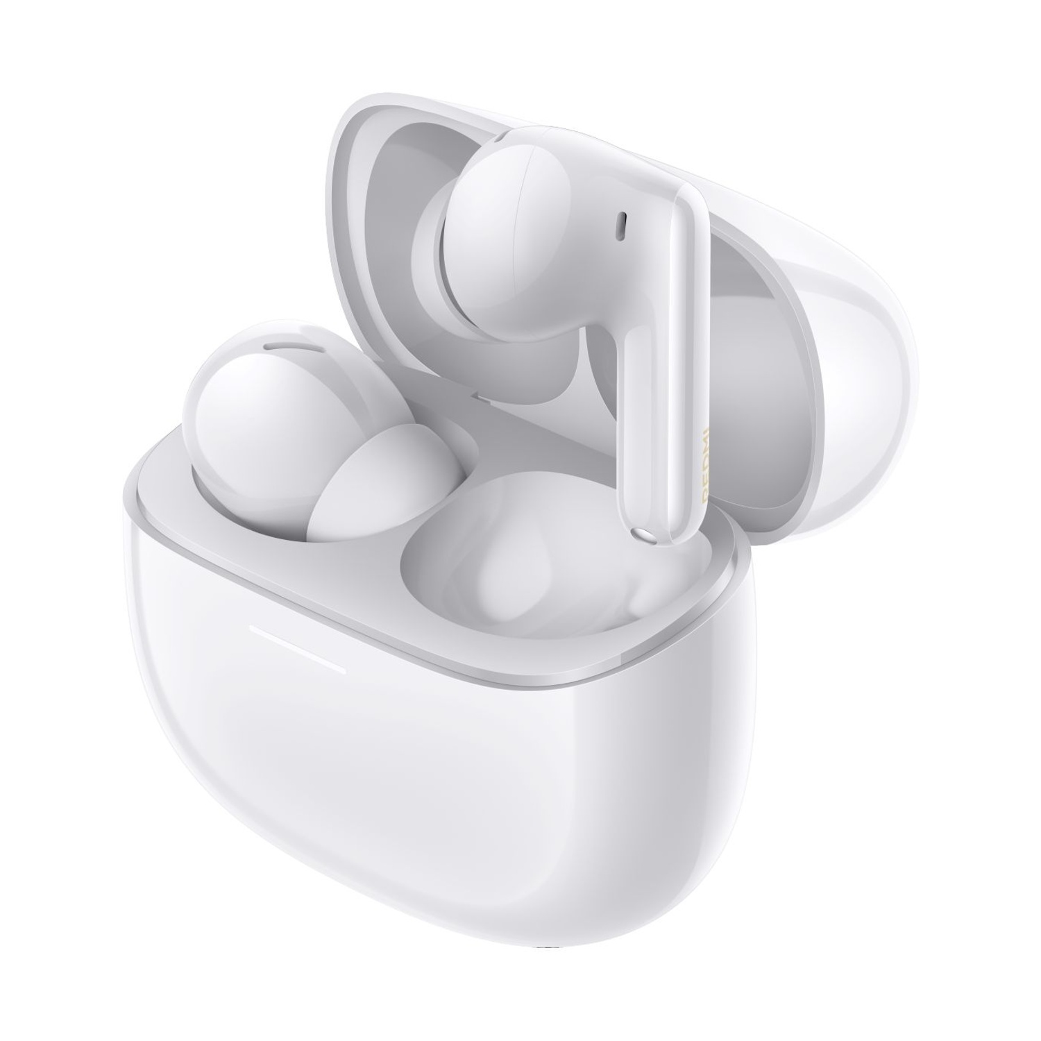 Auricolari wireless bianchi in una custodia di ricarica aperta.