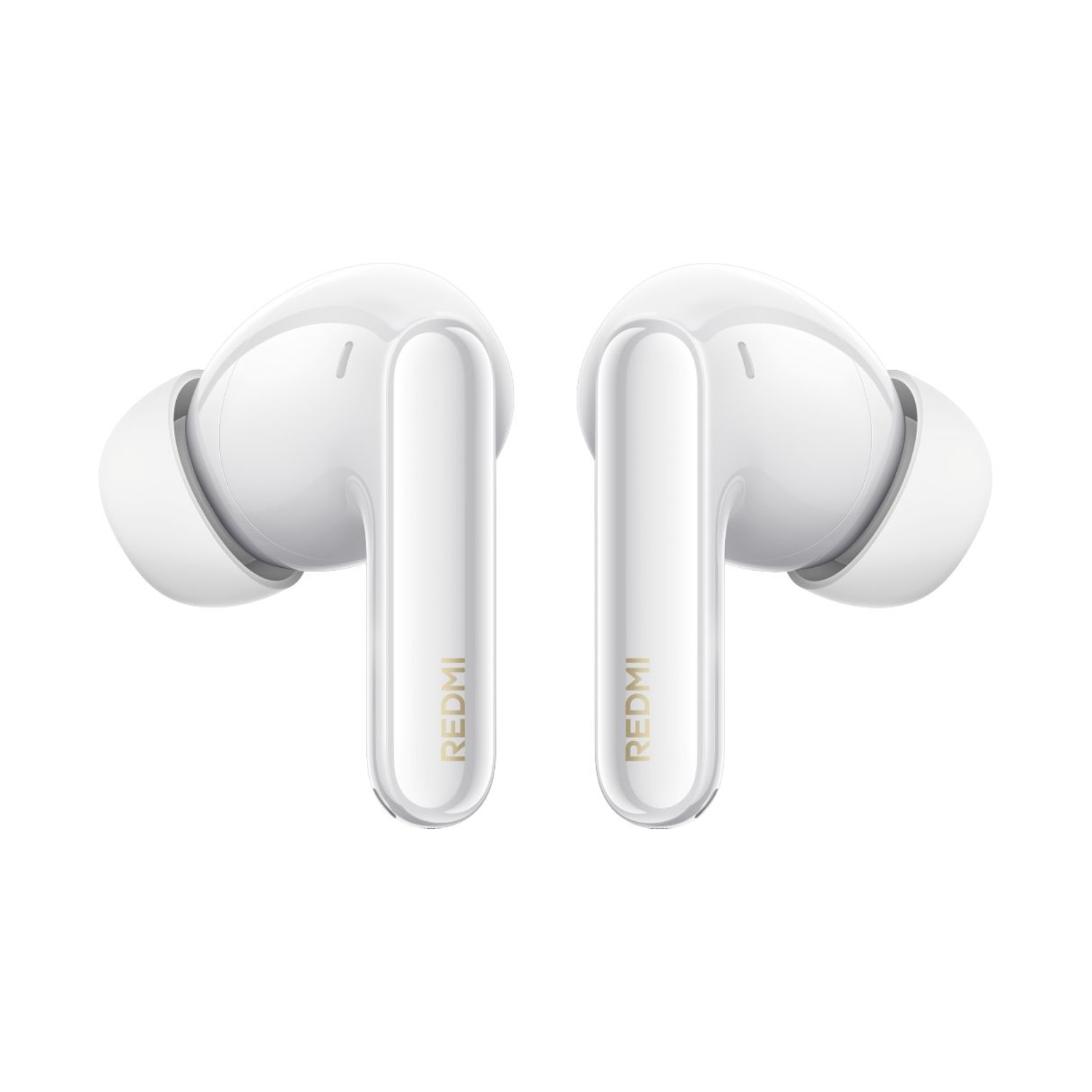 Due auricolari bianchi Redmi con scritte dorate, su sfondo bianco.