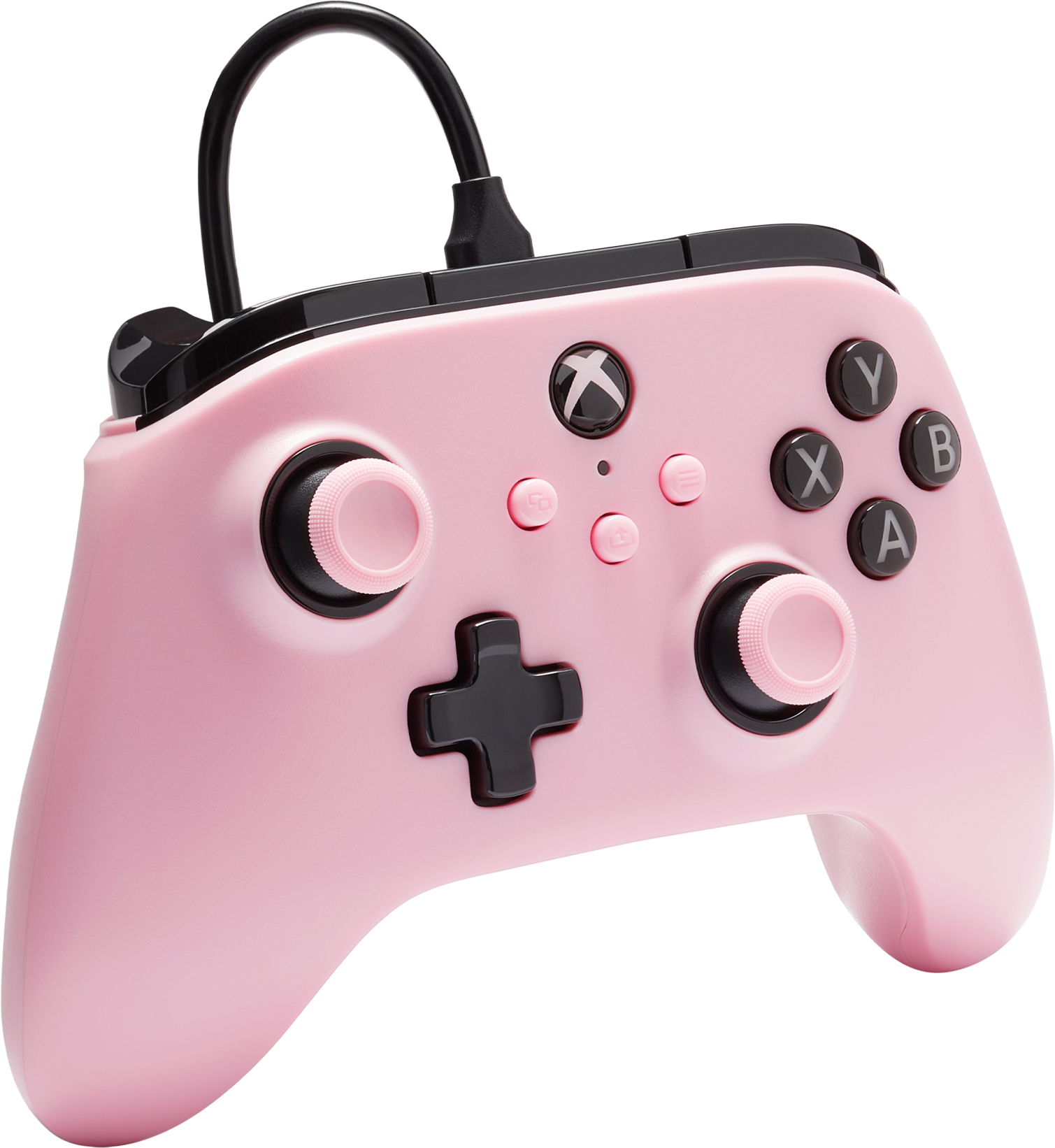 Egy rózsaszín Xbox kontroller fekete gombokkal és fekete kábellel fekete háttér előtt.