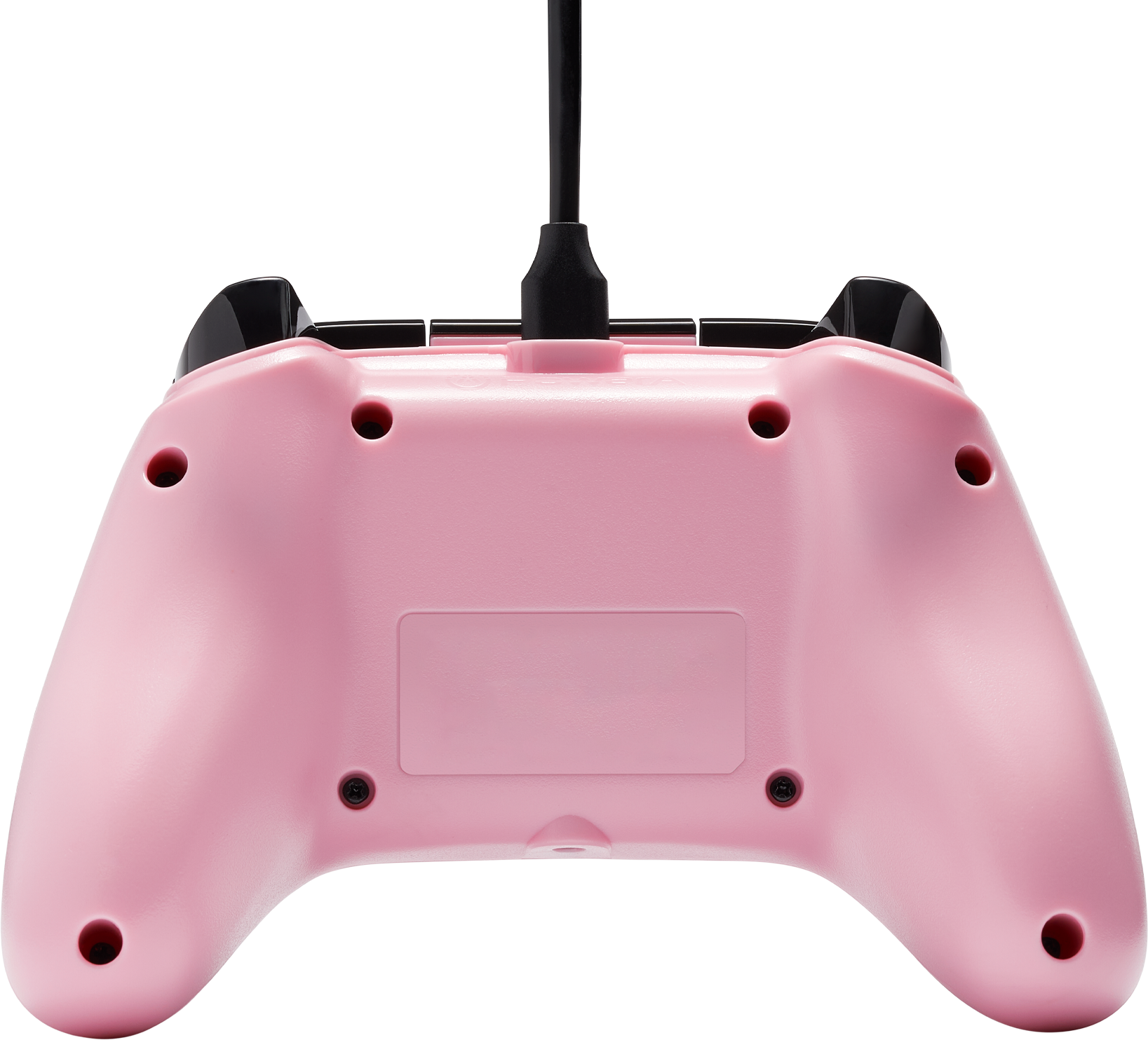 Egy rózsaszín gamer kontroller hátoldala fekete kábellel és markolatokkal.