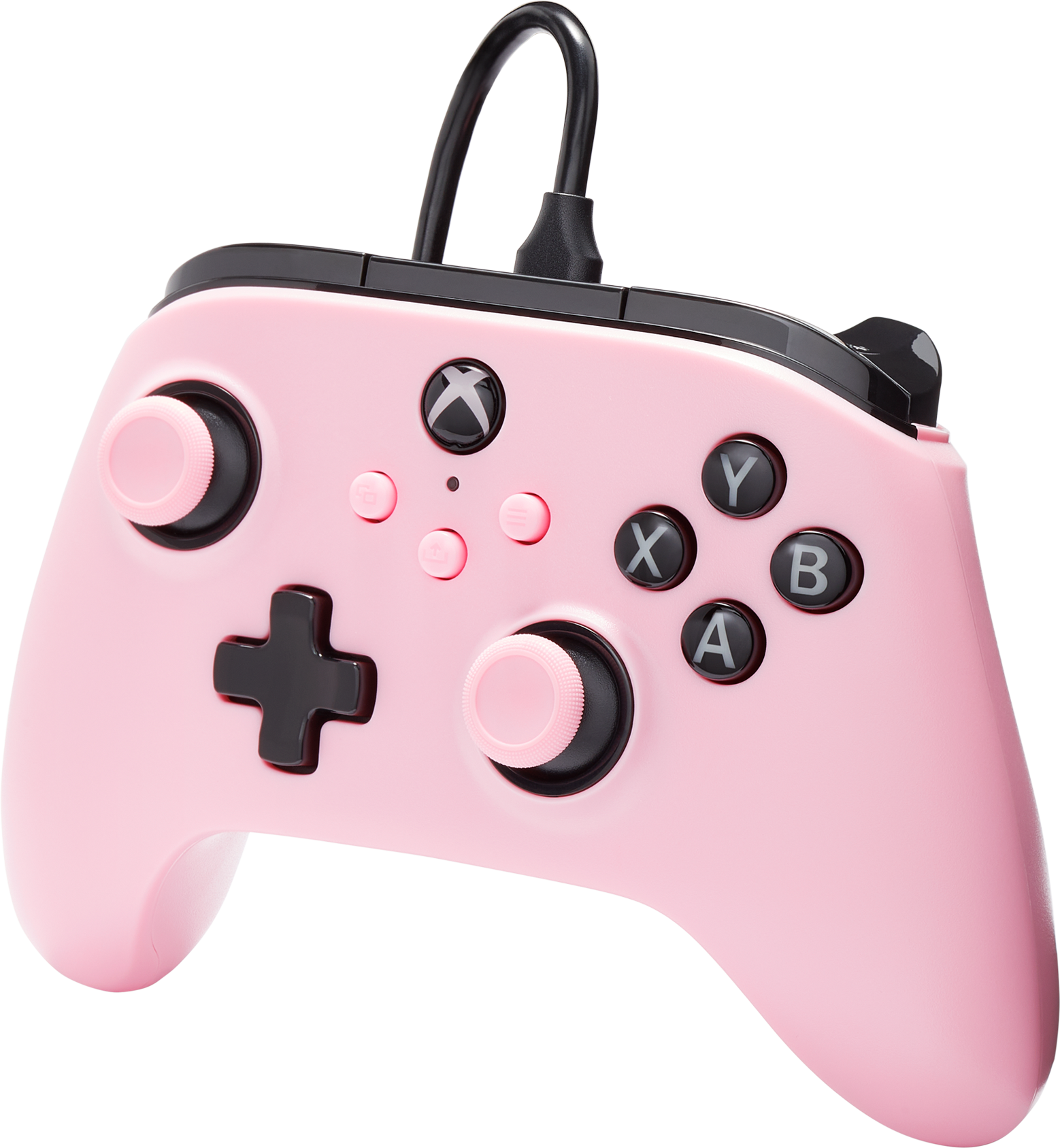 Egy rózsaszín Xbox kontroller fekete gombokkal és fekete kábellel.