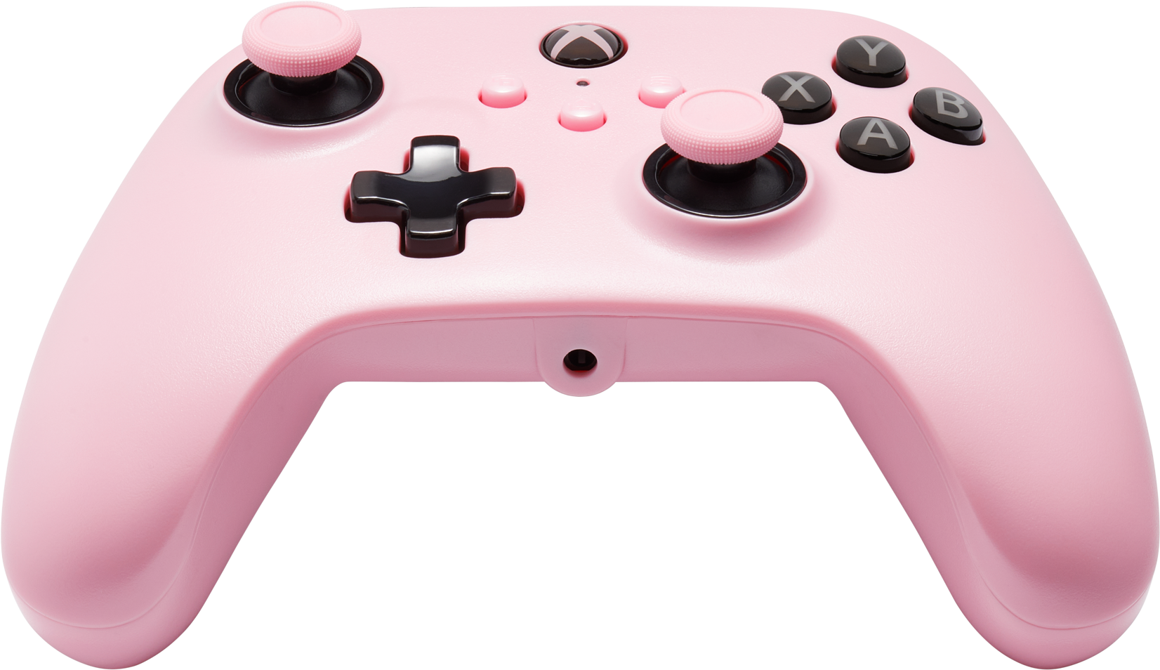 Egy rózsaszín Xbox kontroller fekete gombokkal és joystickokkal.