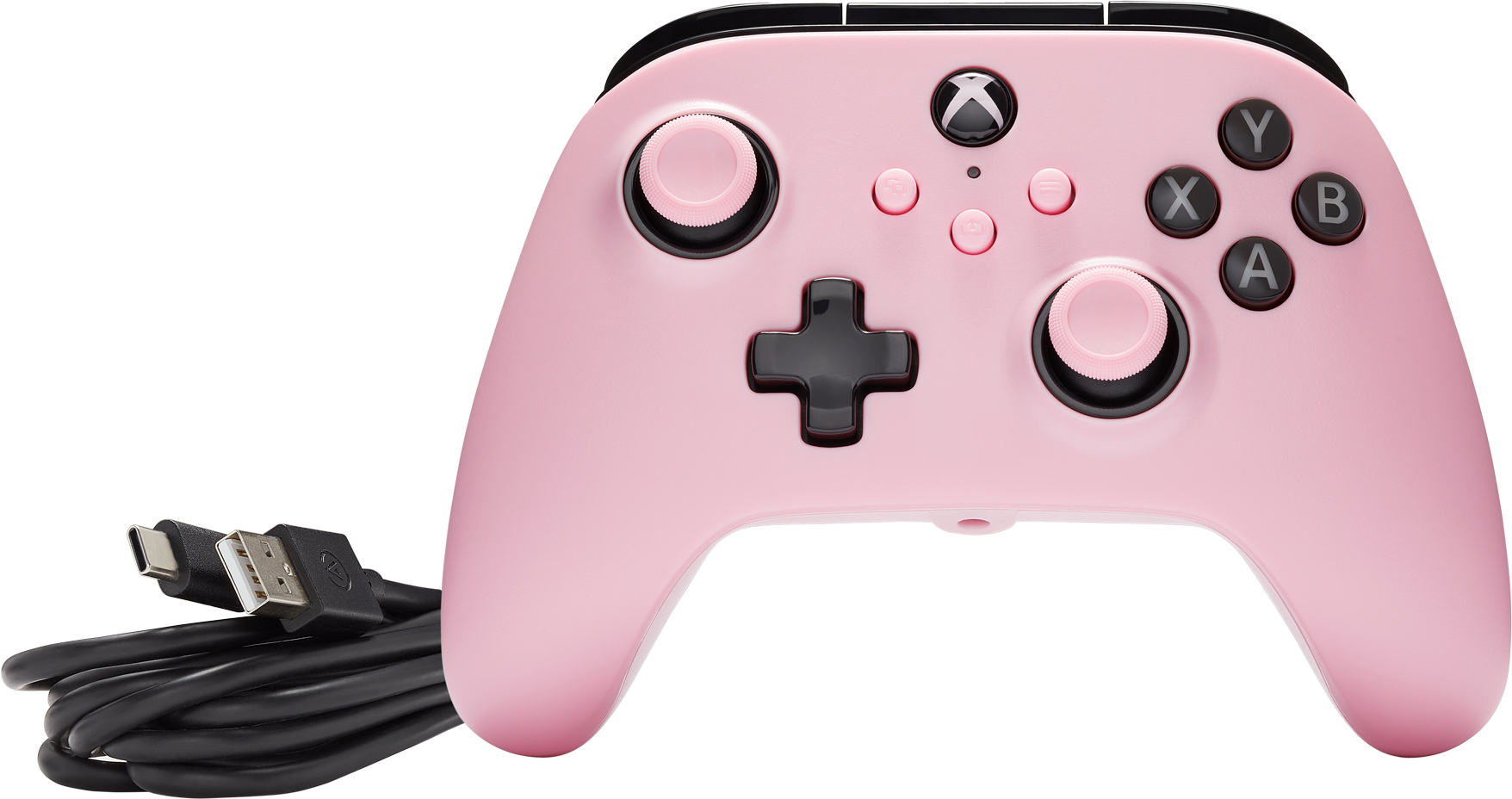 Egy rózsaszín Xbox kontroller fekete kábellel és USB-C csatlakozóval fekete háttéren.