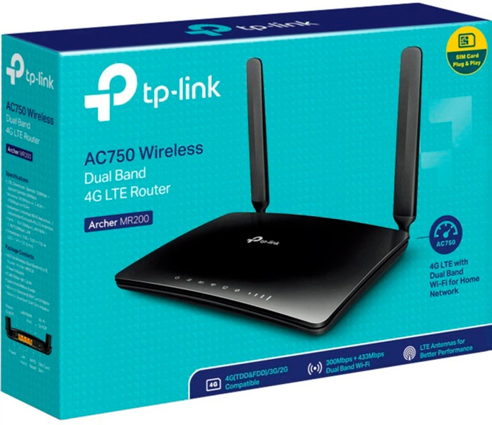 Router TP-Link AC750 Dual Band 4G LTE z antenami na niebieskim pudełku.