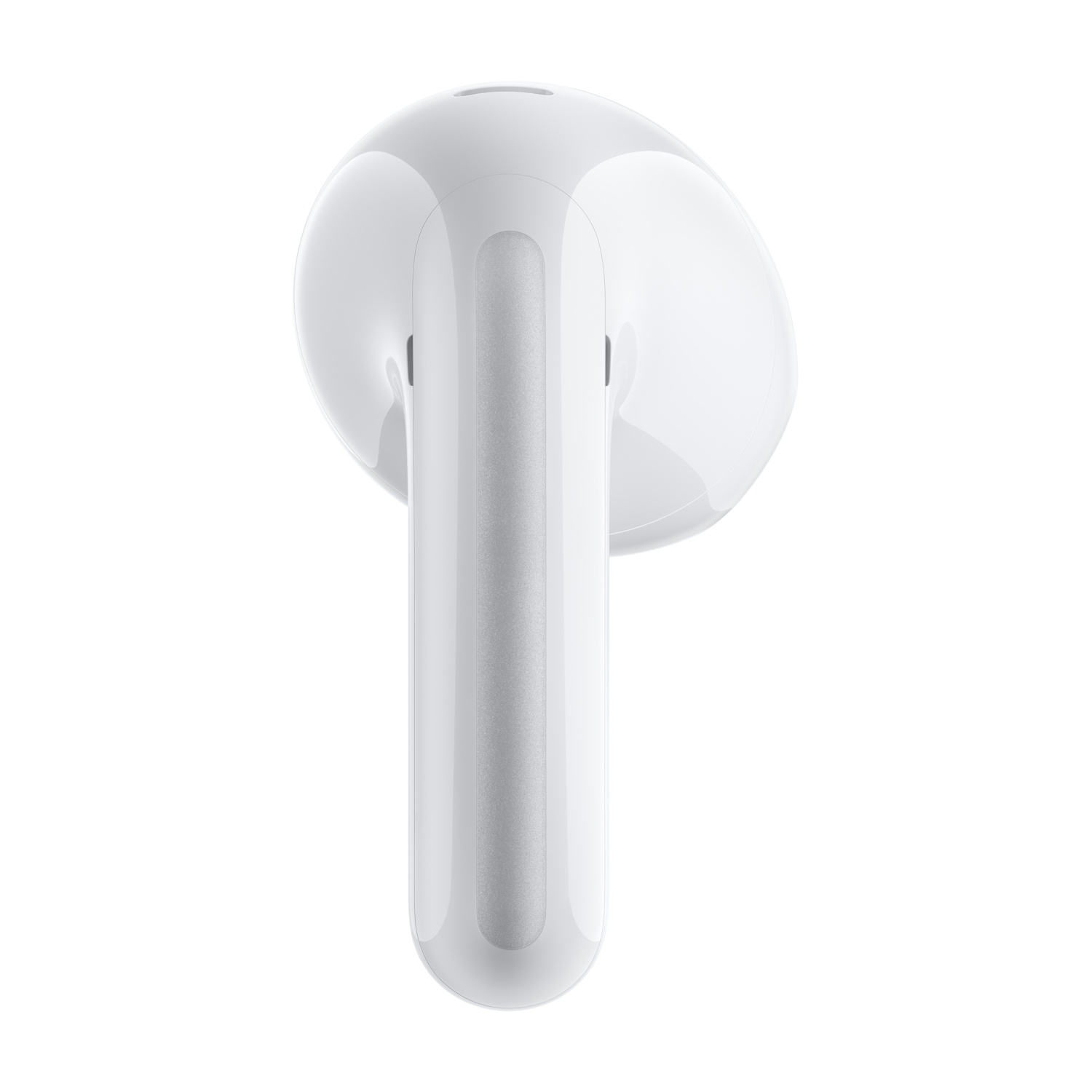Un auricolare wireless bianco con una striscia d'accento argentata.