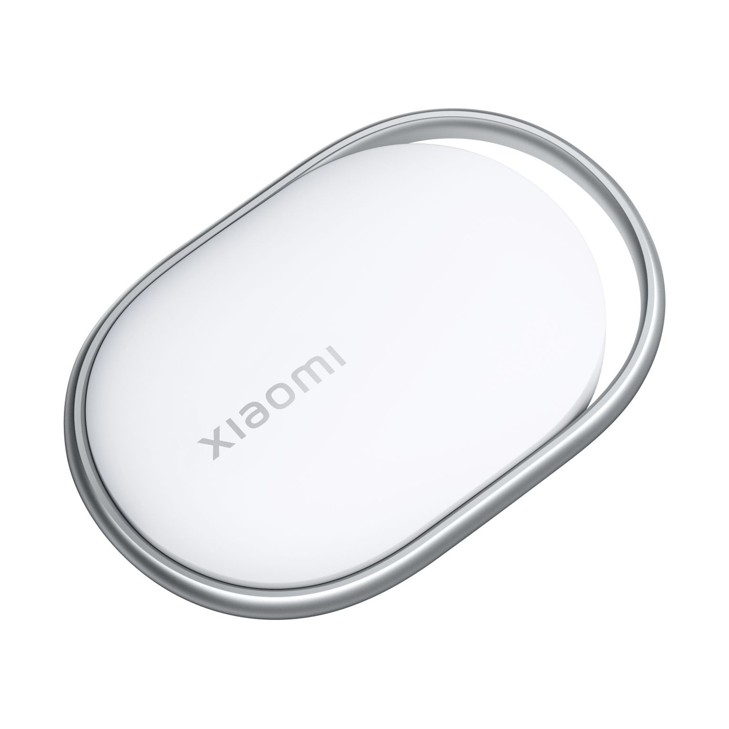 Un oggetto bianco ovale con bordo argentato e logo Xiaomi.